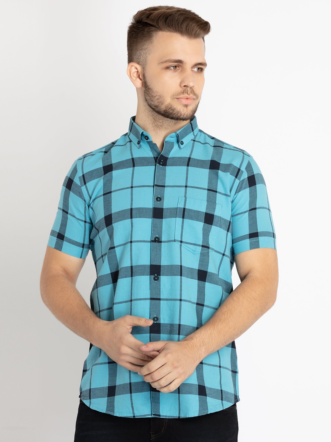 

Status Quo Men Standard Slim Fit Windowpane Checked Casual Cotton Shirt, Turquoise blue