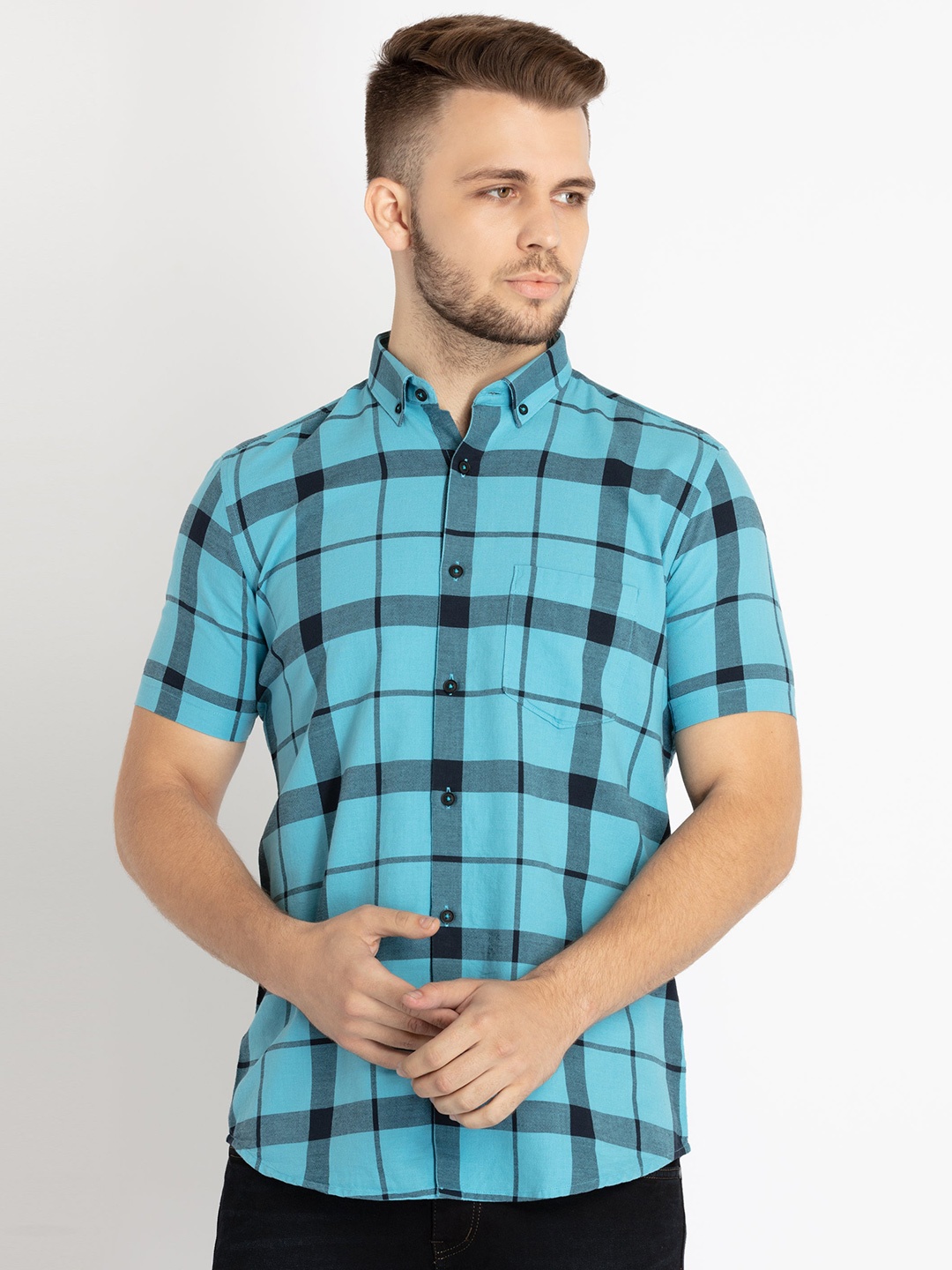 

Status Quo Men Standard Slim Fit Windowpane Checked Casual Cotton Shirt, Turquoise blue