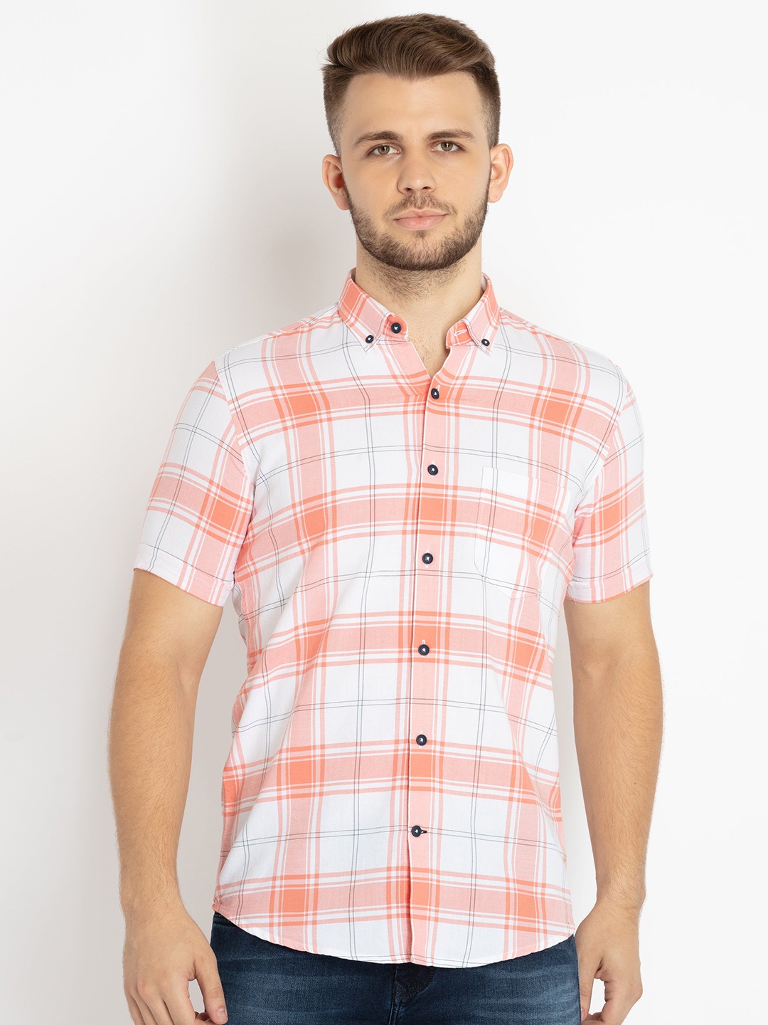 

Status Quo Men Standard Slim Fit Tartan Checked Cotton Casual Shirt, Peach