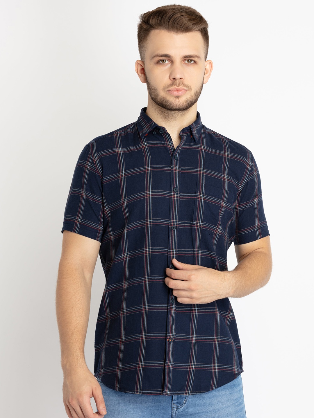 

Status Quo Standard Slim Fit Windowpane Checked Cotton Casual Shirt, Navy blue