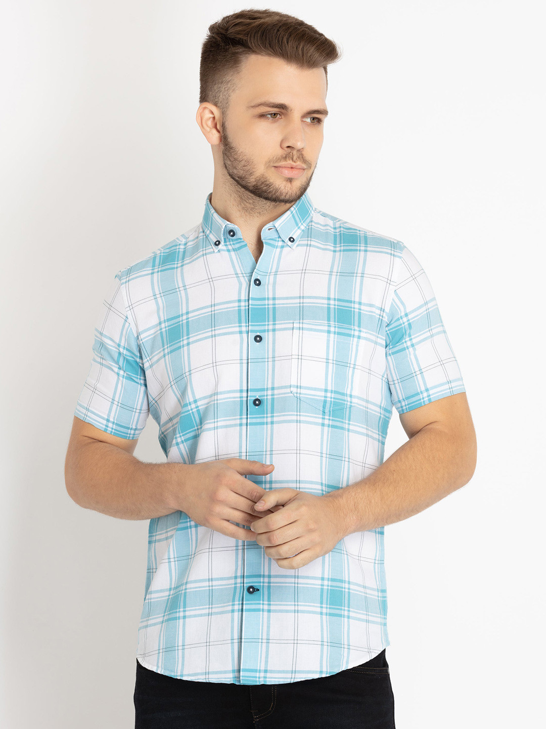 

Status Quo Standard Slim Fit Tartan Checks Cotton Casual Shirt, Blue
