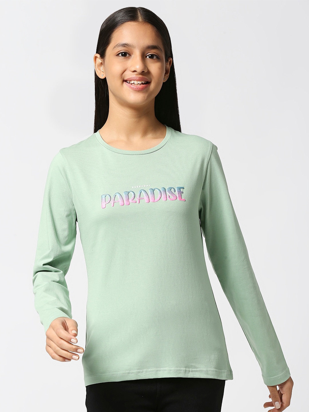 

JUSTICE Girls Long Sleeves Typography Printed Cotton T-shirt, Sea green