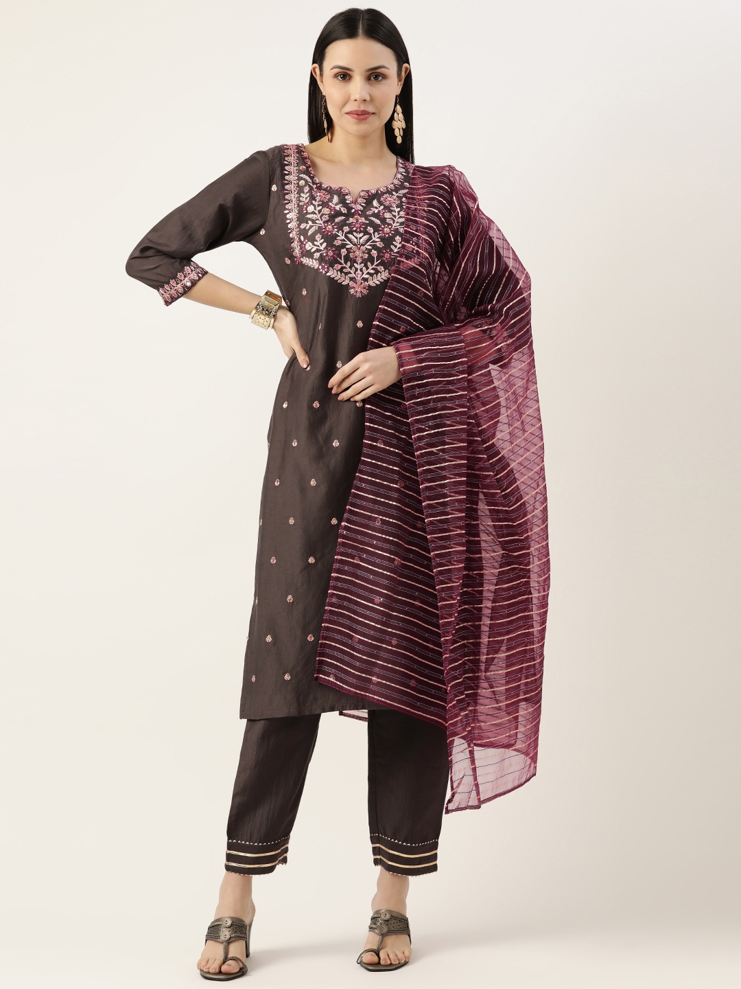 SWAGG INDIA Floral Embroidered Mirror Work Kurta With Trousers & Dupatta, Grey