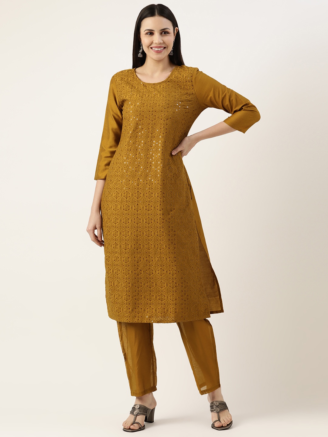

SWAGG INDIA Ethnic Motifs Embroidered Sequinned Kurta With Trousers, Mustard