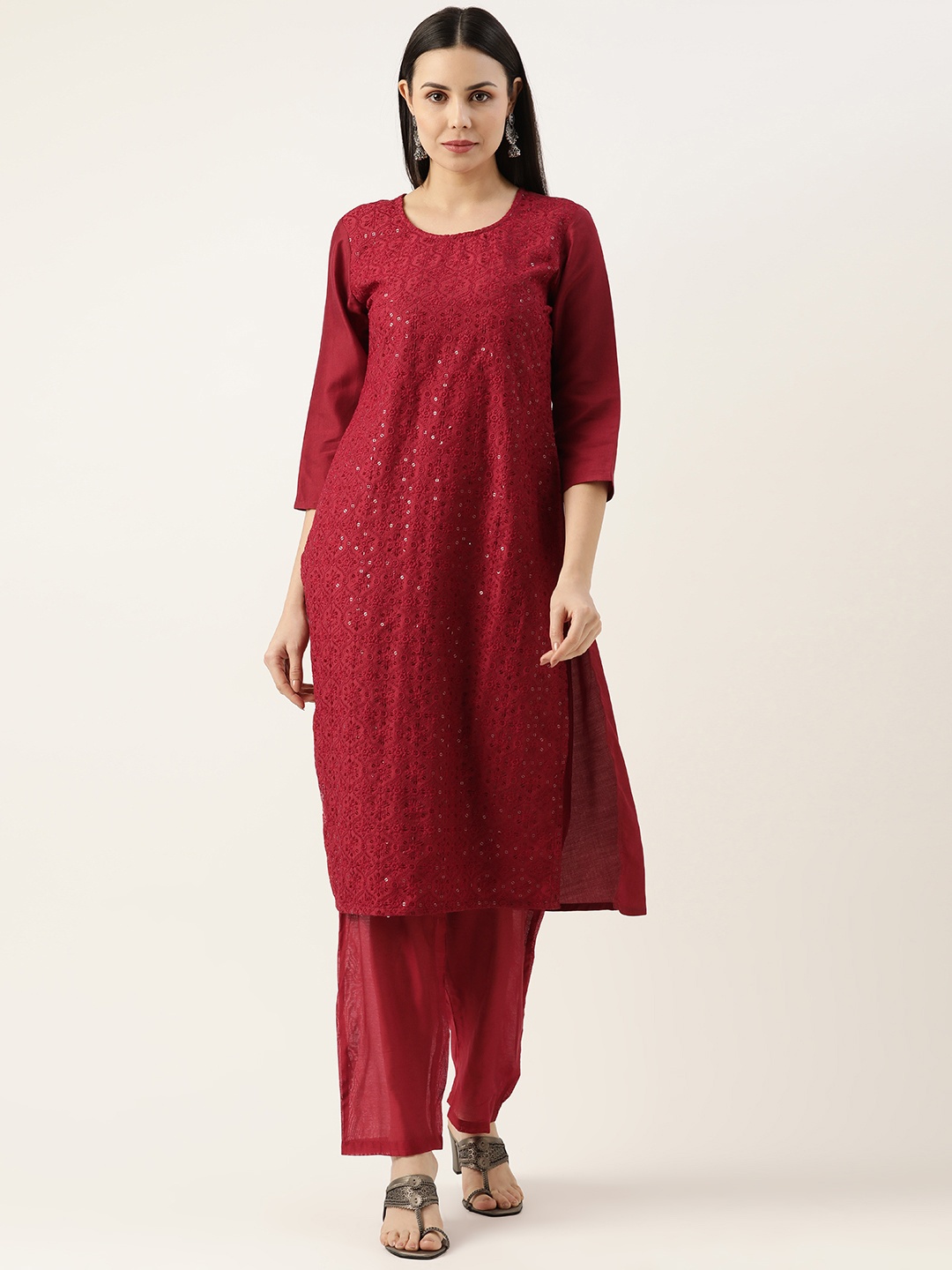 

SWAGG INDIA Ethnic Motifs Embroidered Sequinned Kurta with Trousers, Red
