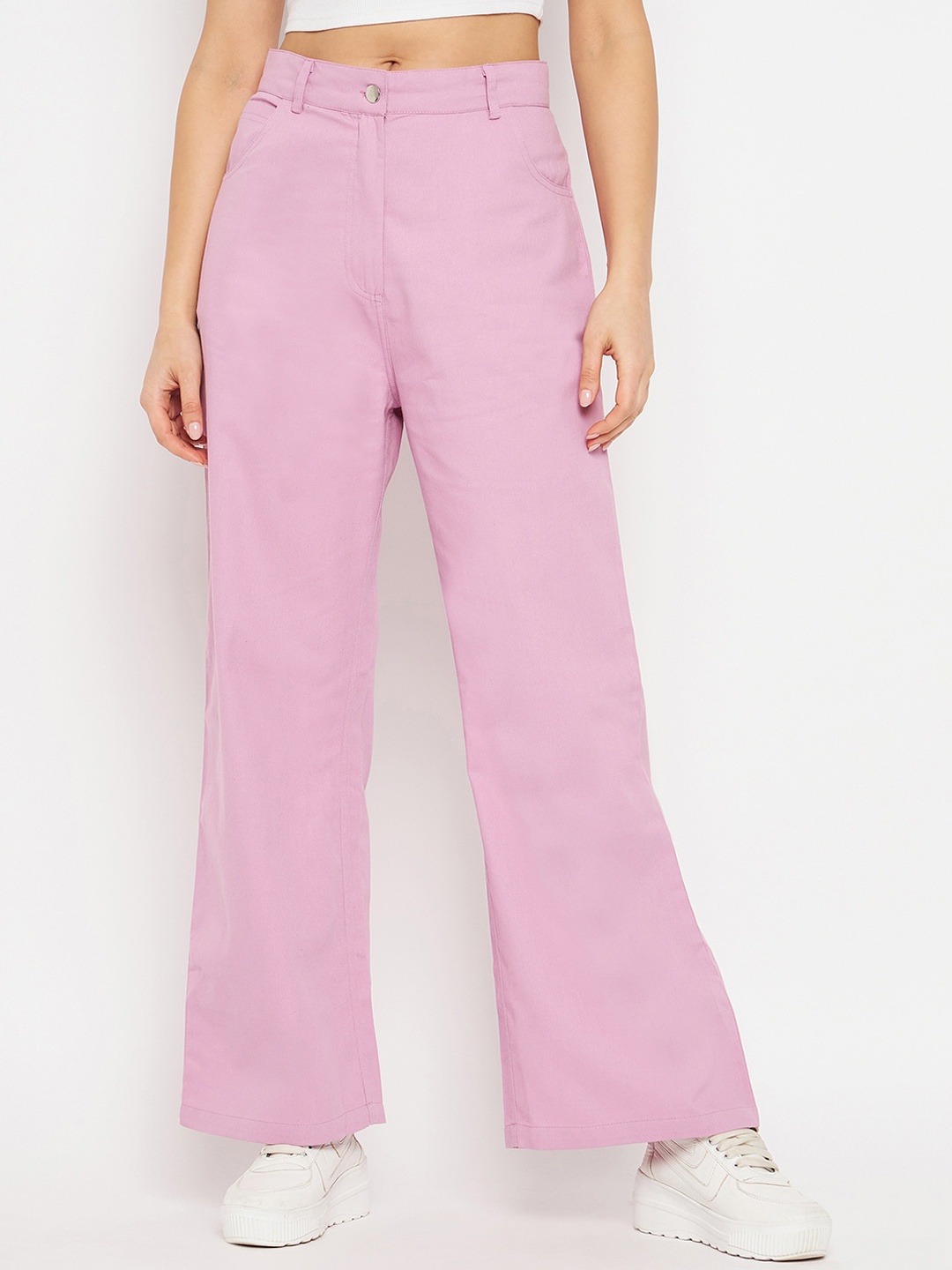 

Orchid Blues Women Flared High-Rise Pure Cotton Easy Wash Trousers, Lavender