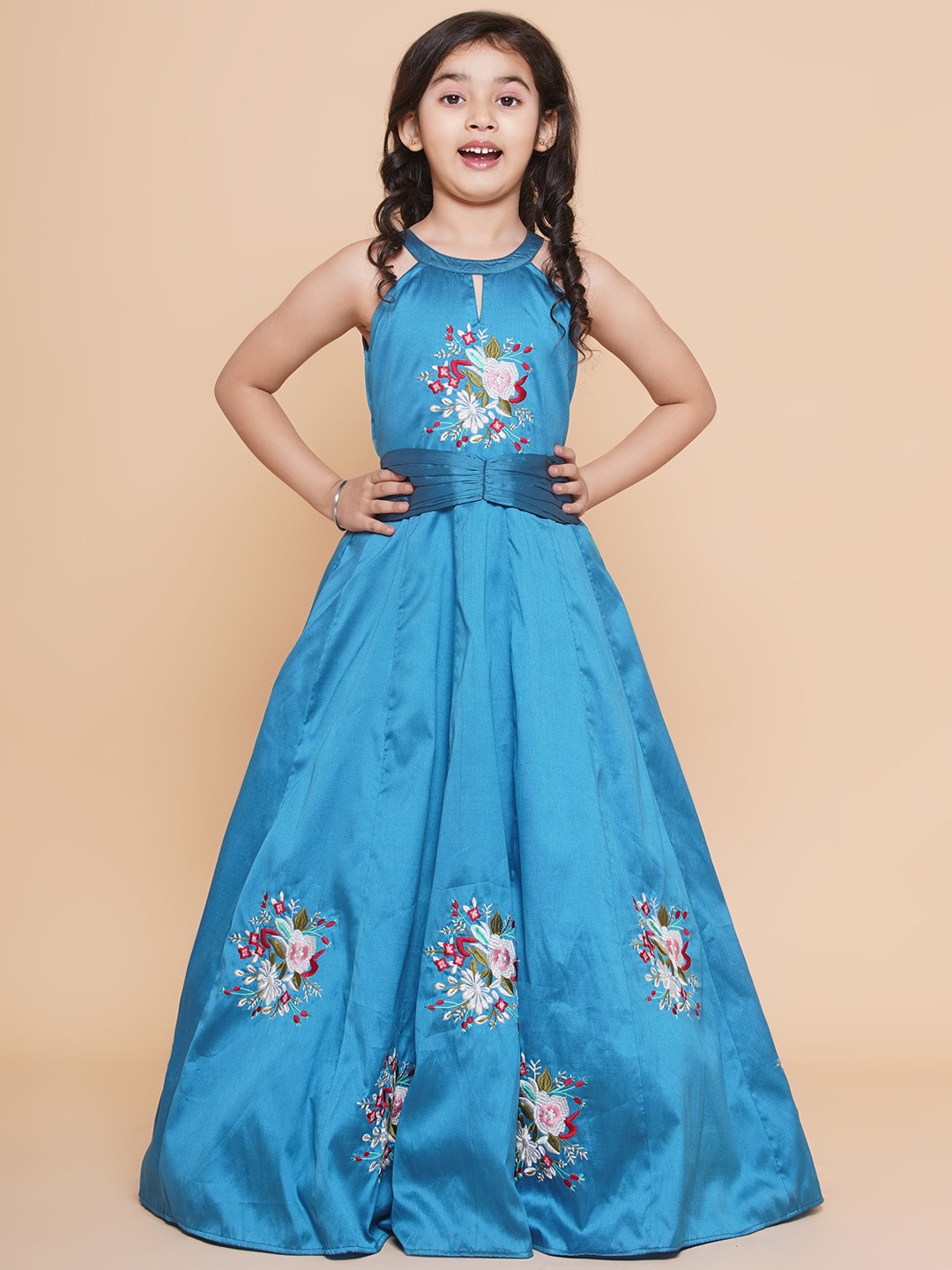 

Bitiya by Bhama Girls Floral Embroidered Belted Fit & Flared Maxi Dress, Blue