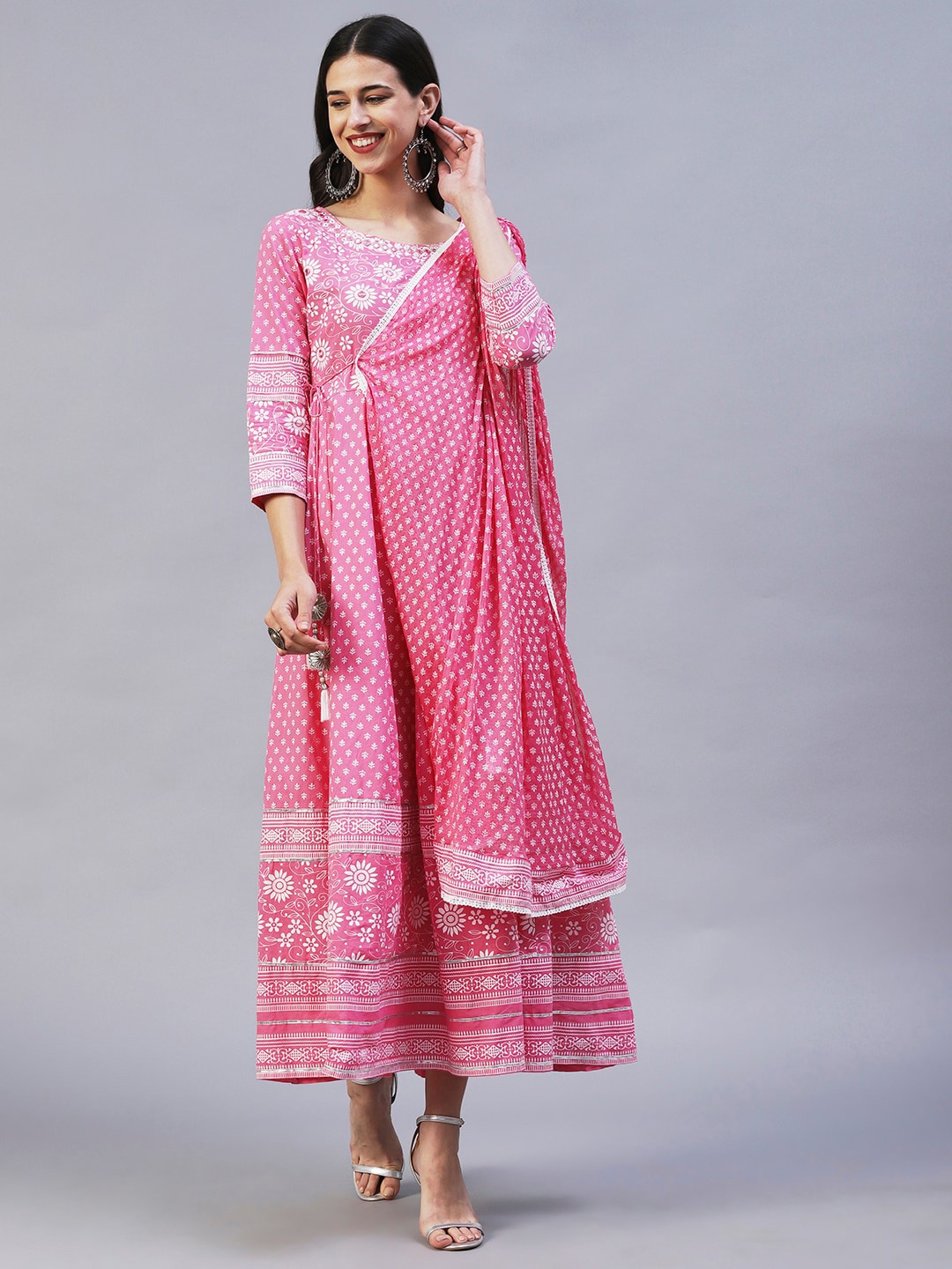 

FASHOR Mirror Work Printed Midi Ethnic Dress With Attached Dupatta, Pink