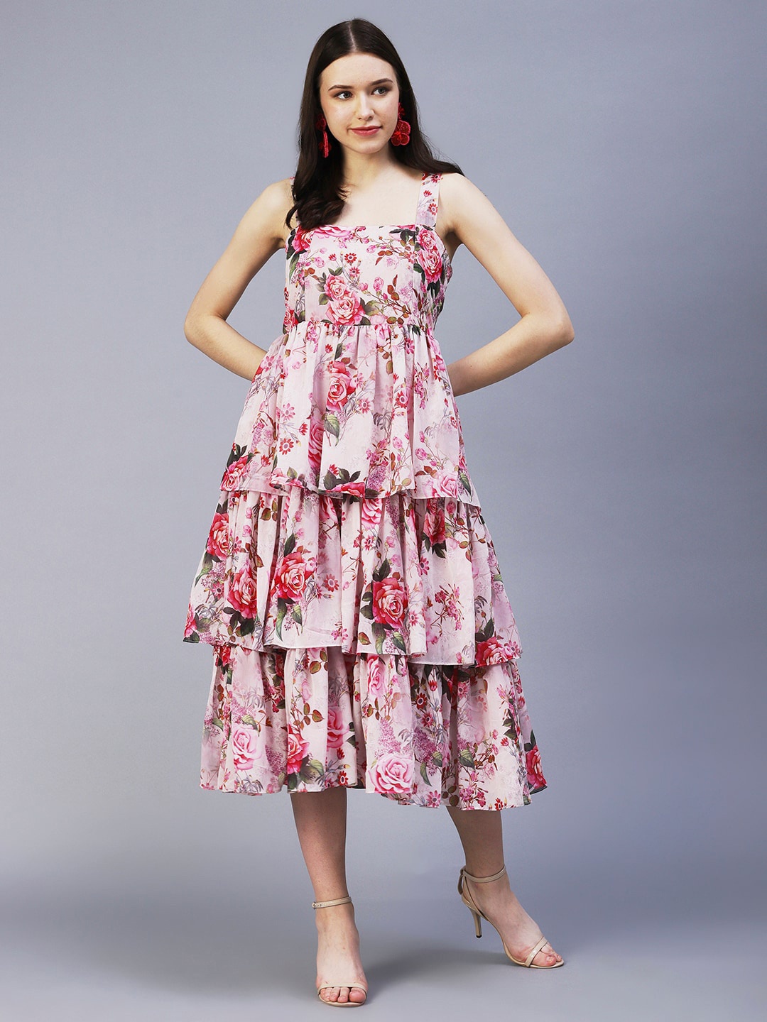 

FASHOR Floral Printed Layered Fit & Flare Georgette Midi Dress, Pink