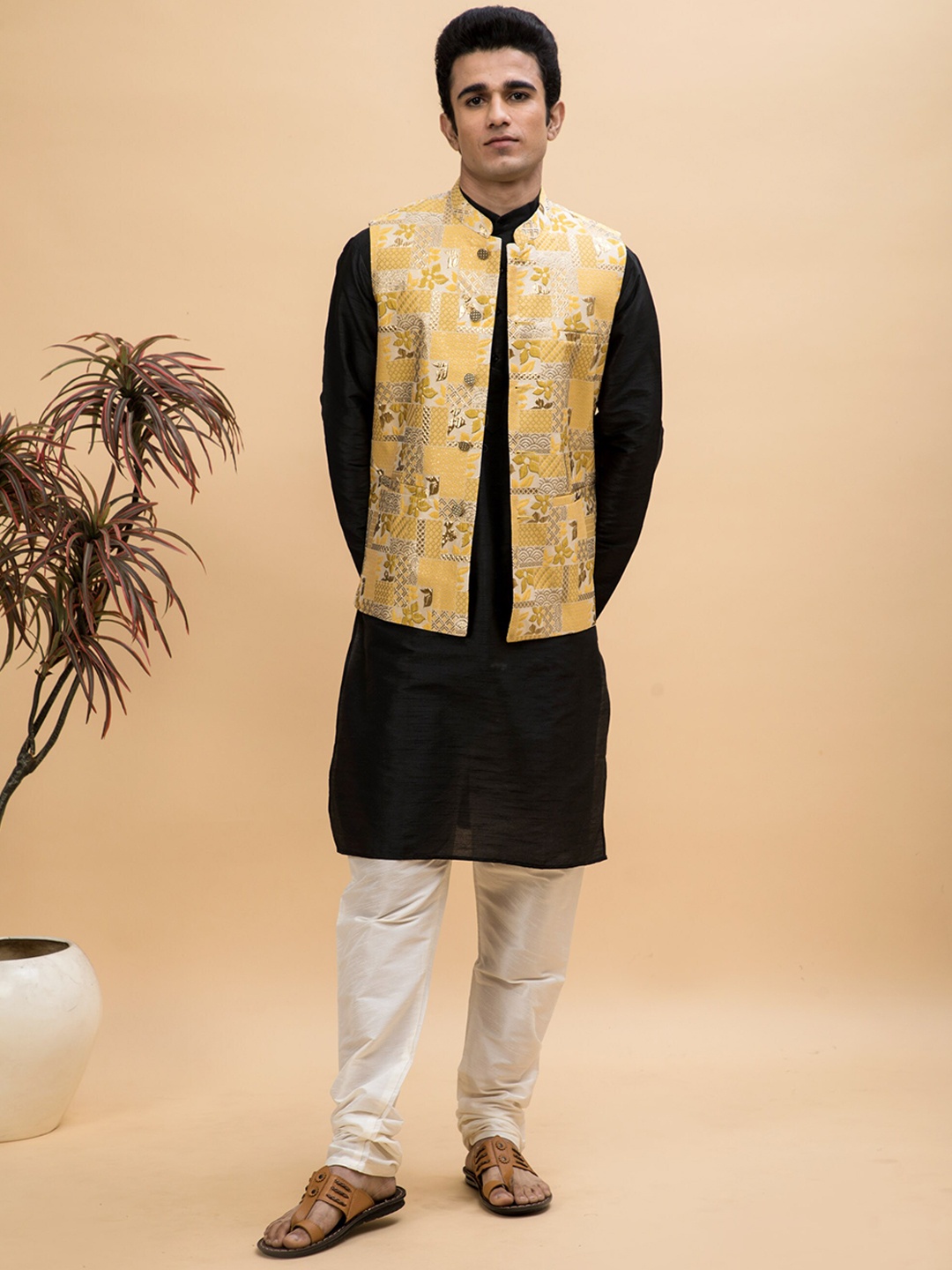 

NEUDIS Mandarin Collar Dupion Silk Kurta With Pyjamas & Nehru Jacket, Black