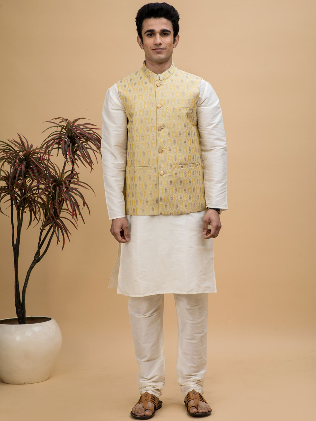 

NEUDIS Mandarin Collar Dupion Silk Kurta With Churidar & Nehru Jacket, Yellow