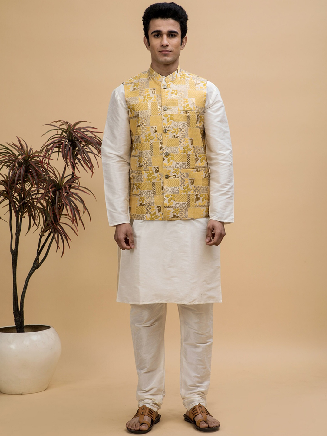 

NEUDIS Mandarin Collar Dupion Silk Kurta With Pyjamas & Nehru Jacket, Yellow