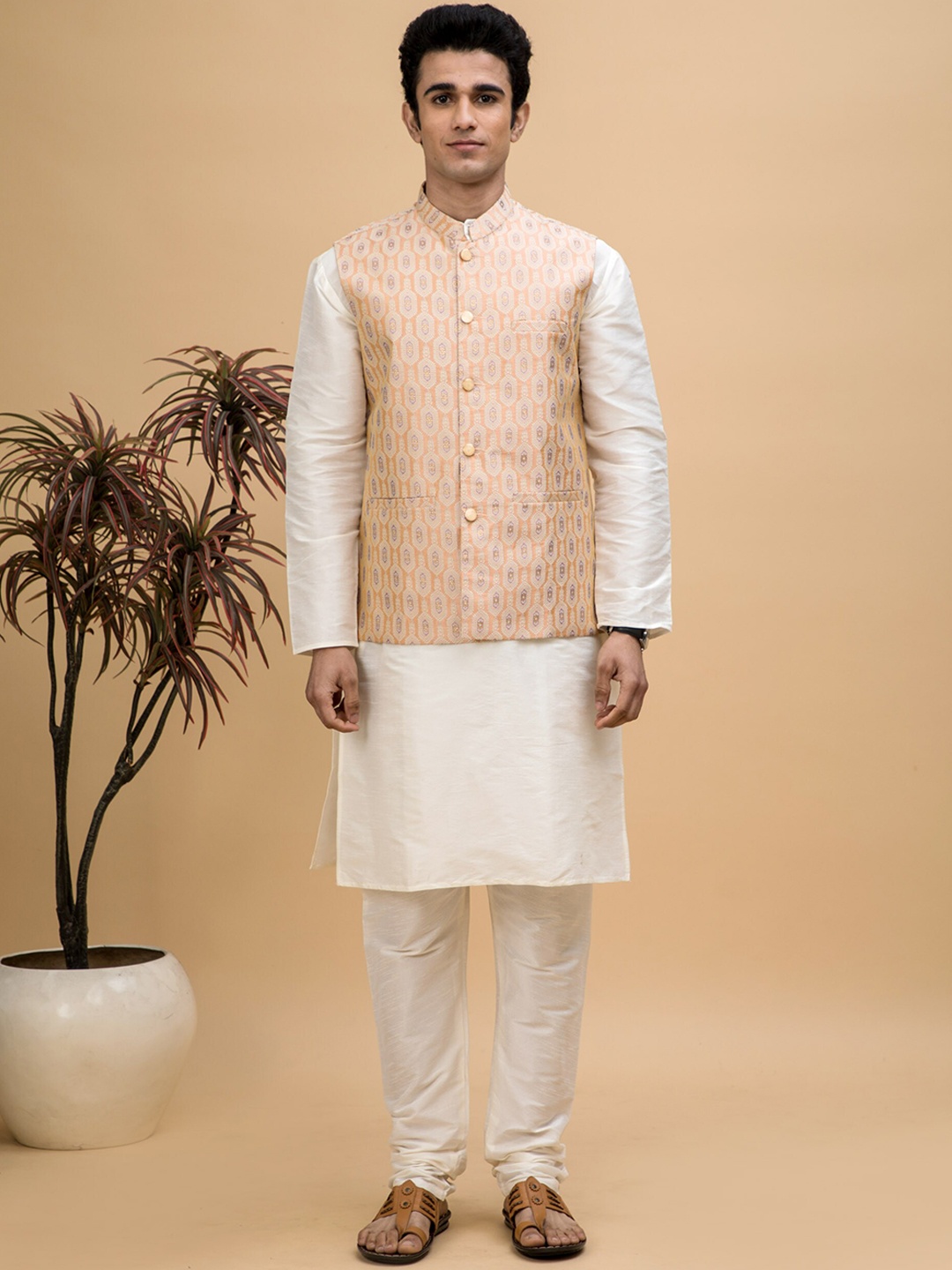 

NEUDIS Mandarin Collar Dupion Silk Kurta With Pyjamas & Nehru Jacket, Peach