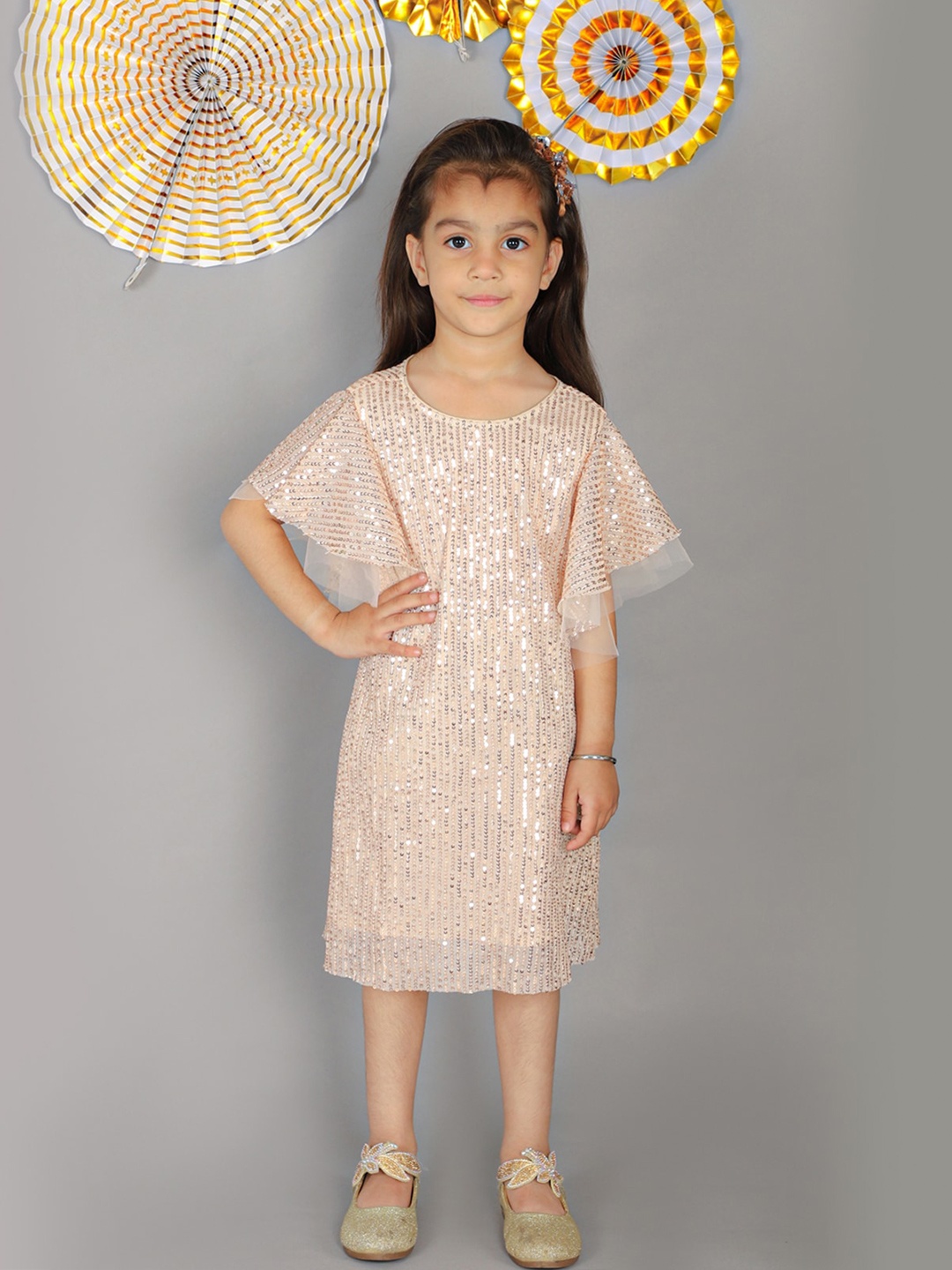 

LIL DRAMA Girls Sequined Embellished Flared Sleeves Net Sheath Dress, Gold