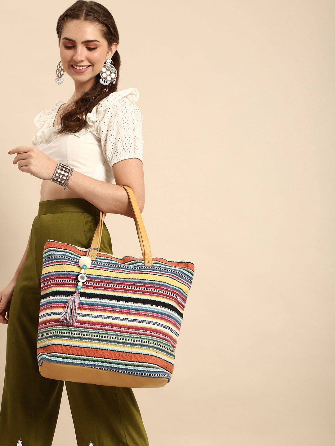 

Sangria Striped Oversized Structured Shoulder Bag with Mirror Work Tasselled Detail, Multi