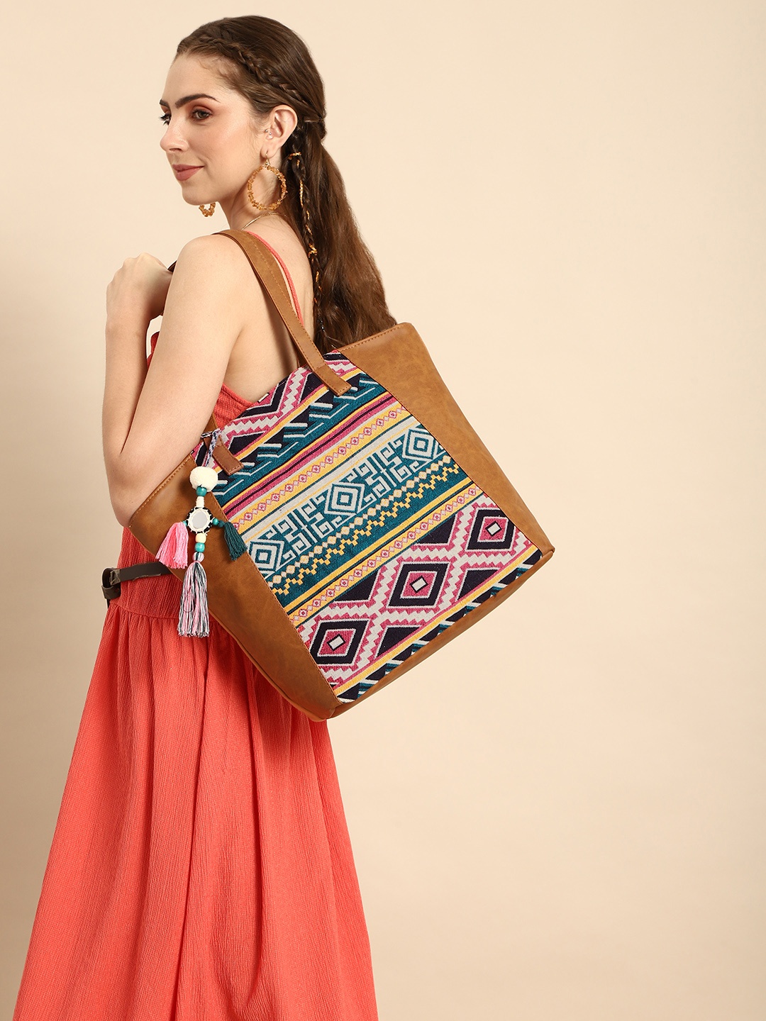 

Sangria Brown Geometric Embroidered Shoulder Bag with Tassel