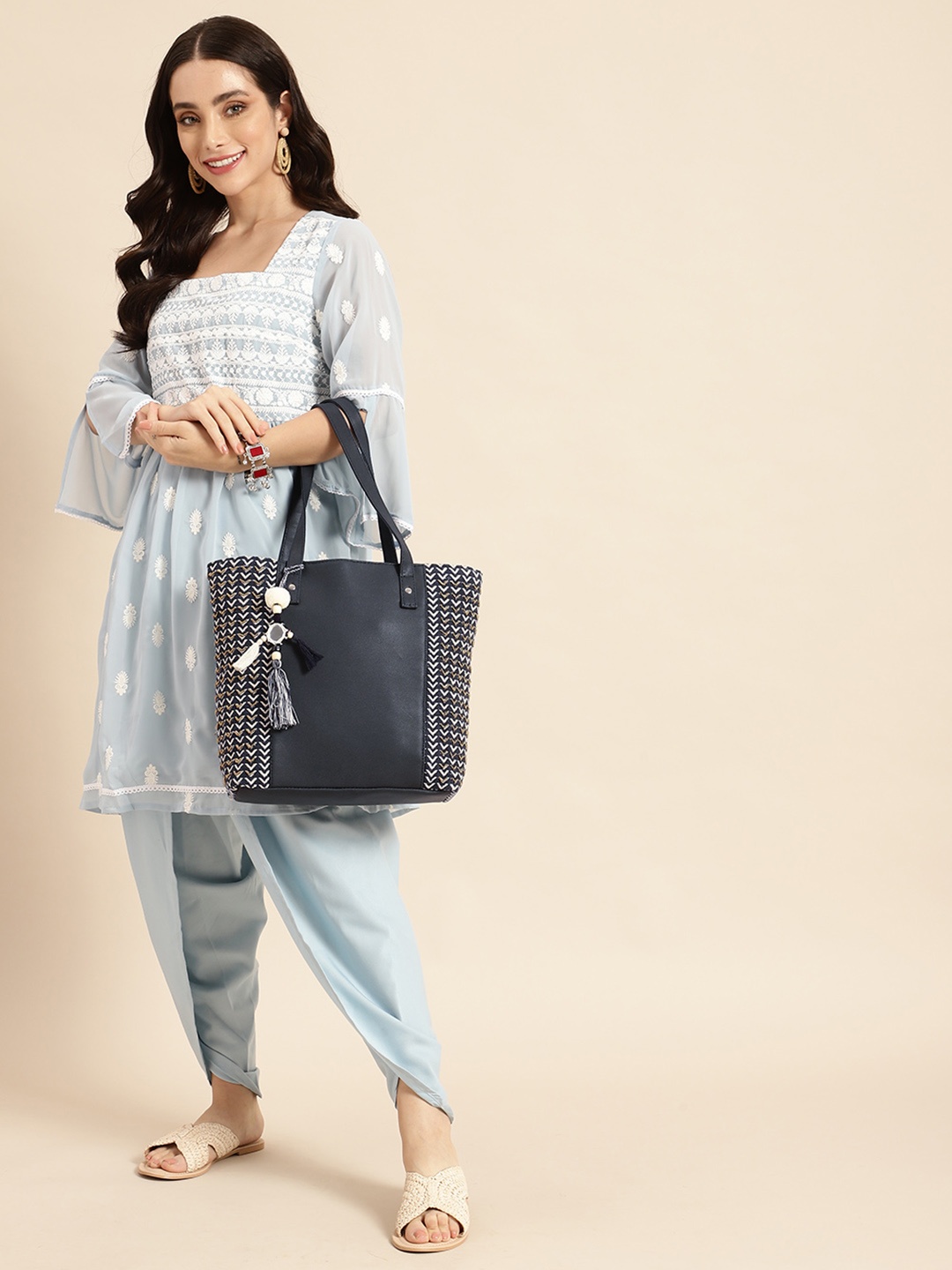 

Anouk Geometric Structured Shoulder Bag with Tasselled Detail, Navy blue