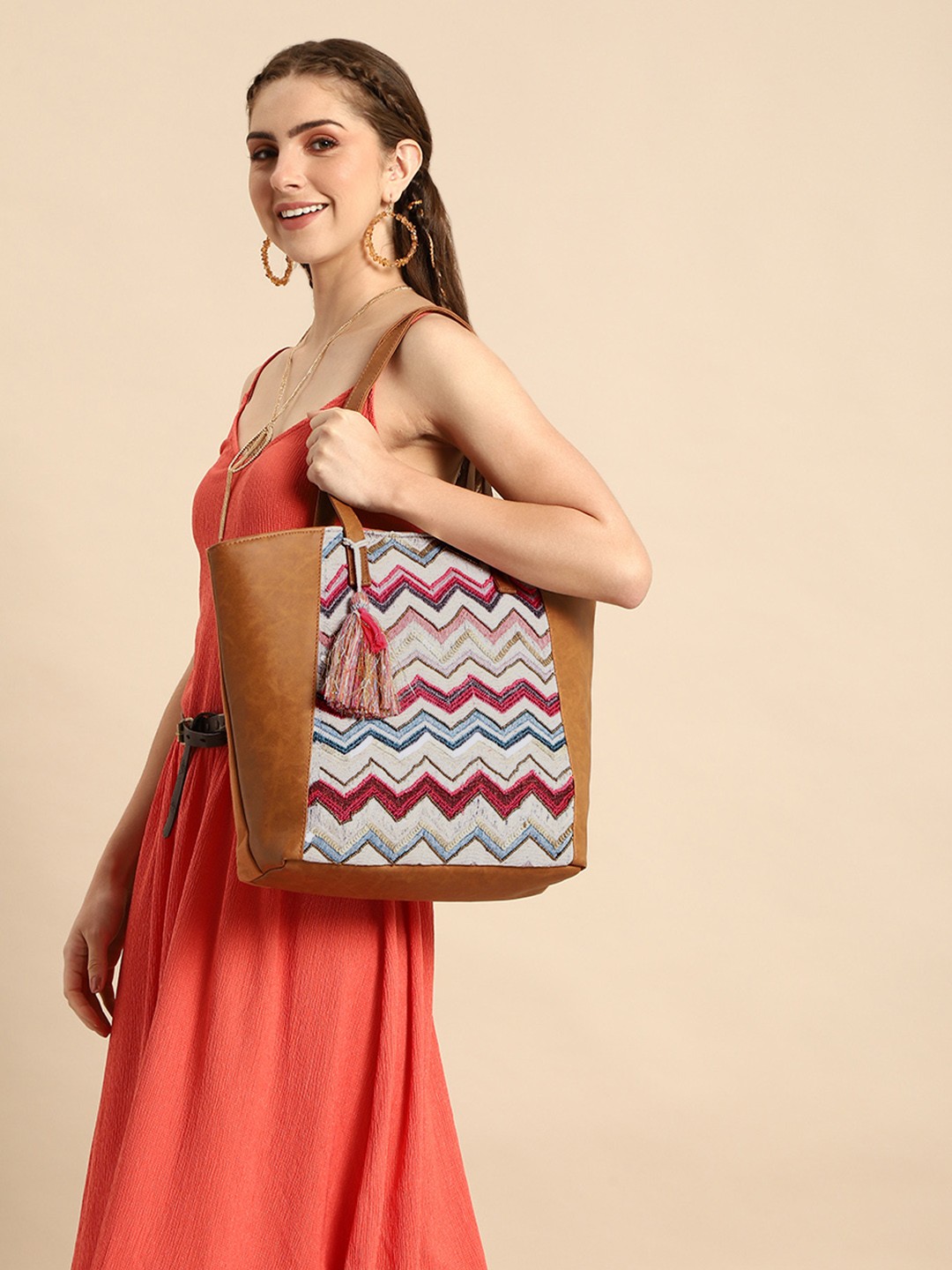 

Sangria Embellished Shoulder Bag with Tassel, Brown