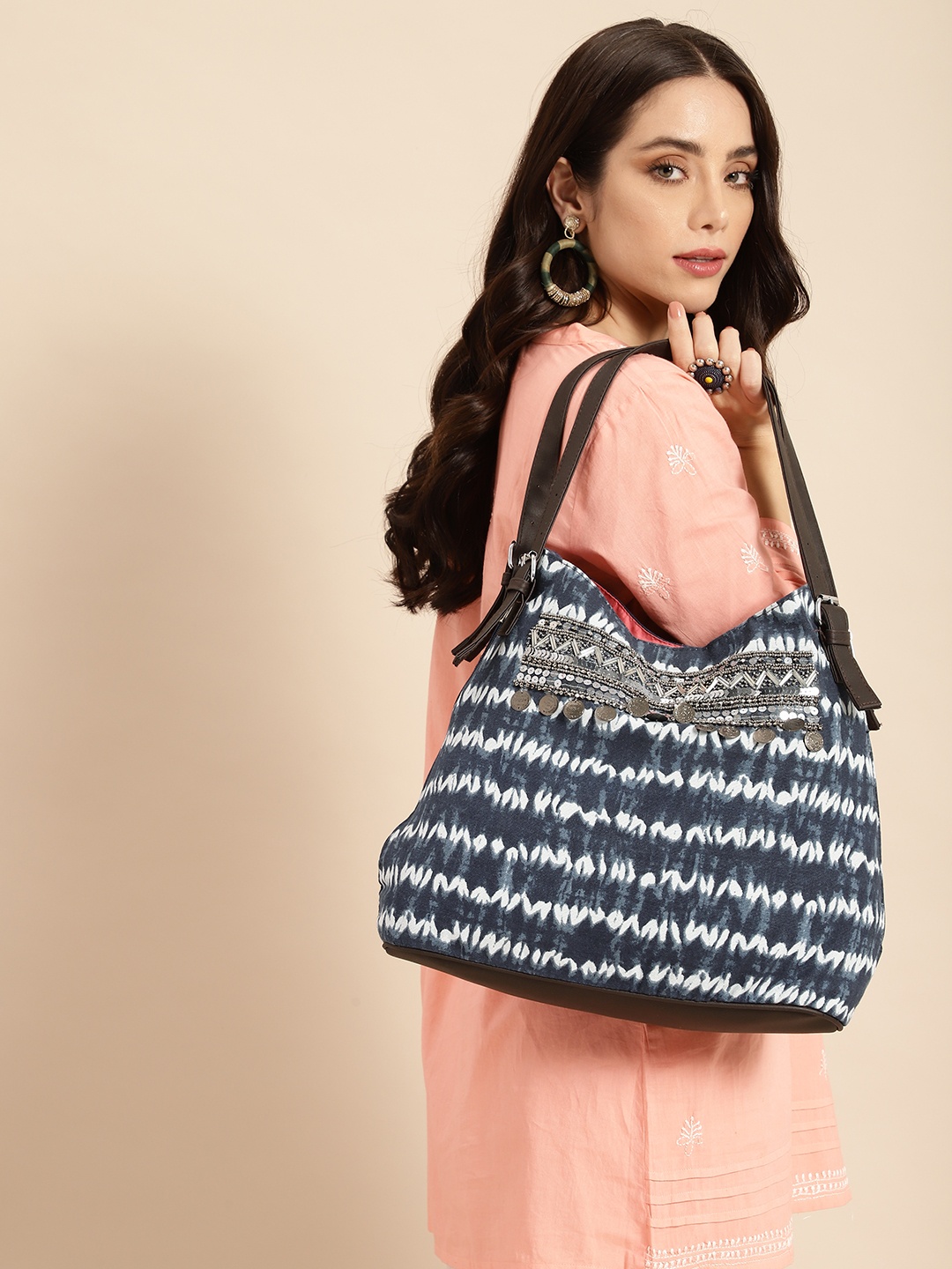 Anouk Embellished & Printed Oversized Structured Shoulder Bag with Zip Detail, Navy blue