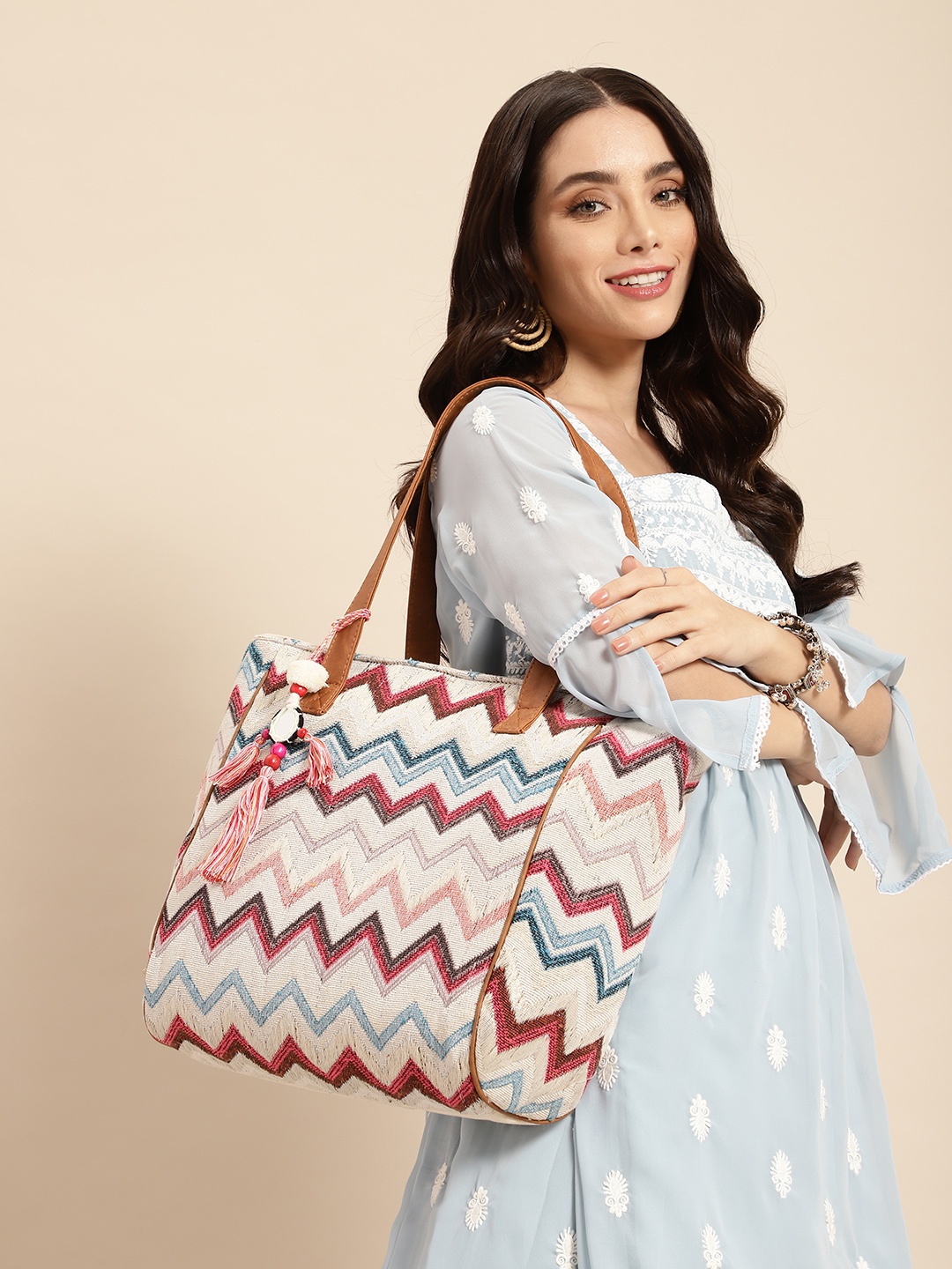 

Anouk Geometric Design Structured Shoulder Bag with Tasselled Detail, Beige