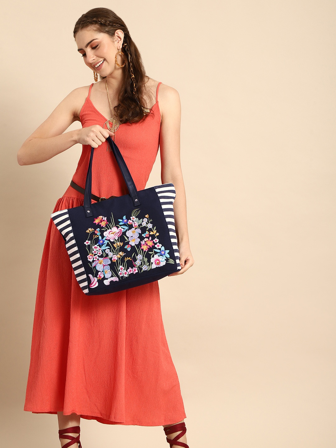 

Sangria Floral Embroidered Structured Shoulder Bag, Navy blue