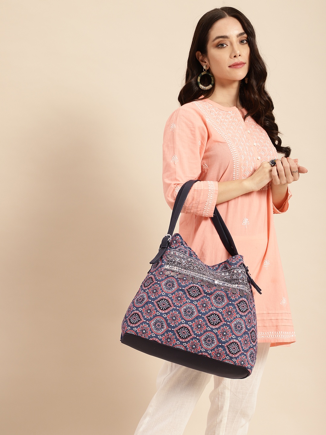

Anouk Embellished & Ethnic Motifs Print Oversized Structured Shoulder Bag with Zip Detail, Navy blue