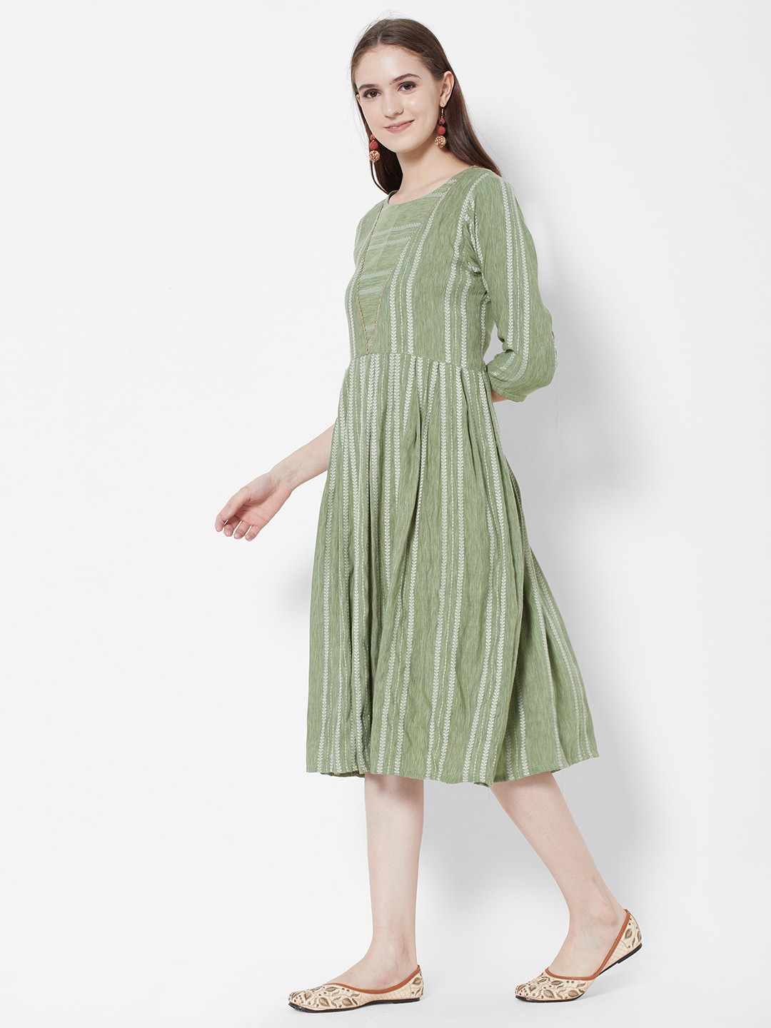 

Vedic Green Striped A-Line Midi Dress