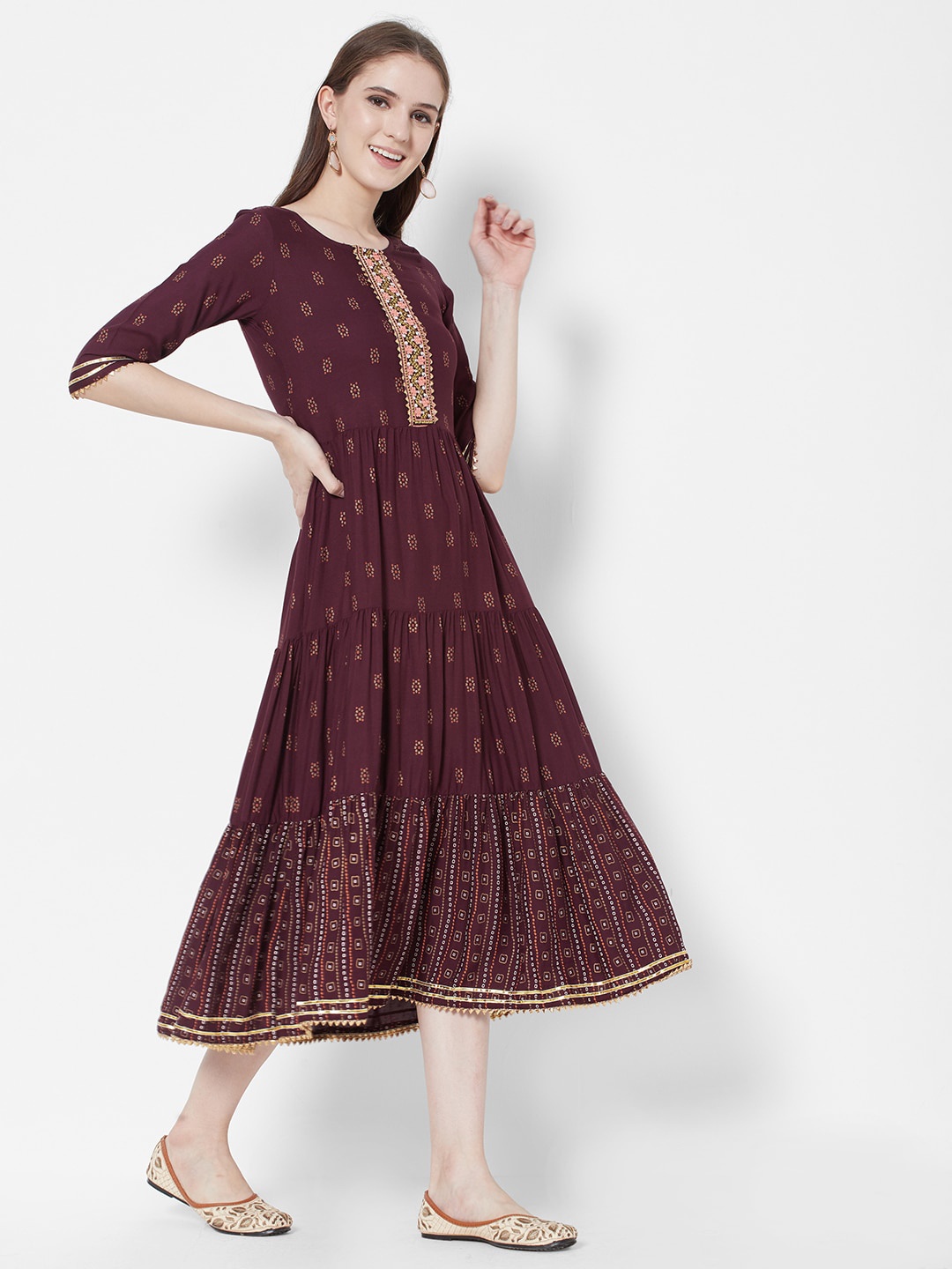 

Vedic Ethnic A-Line Tiered Midi Dress, Purple