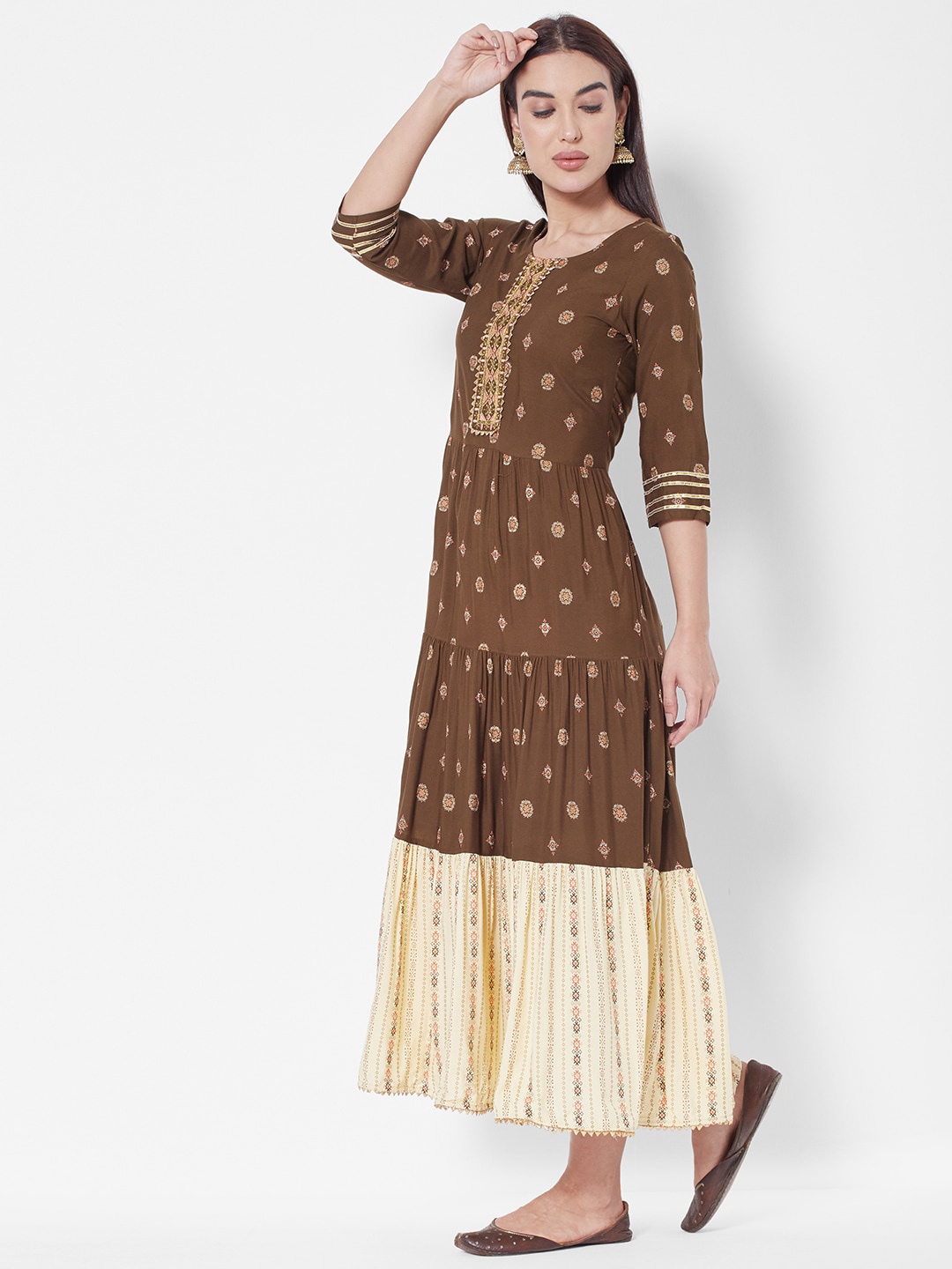 

Vedic Ethnic Motifs Ethnic Tiered Fit & Flare Ethnic Dress, Brown