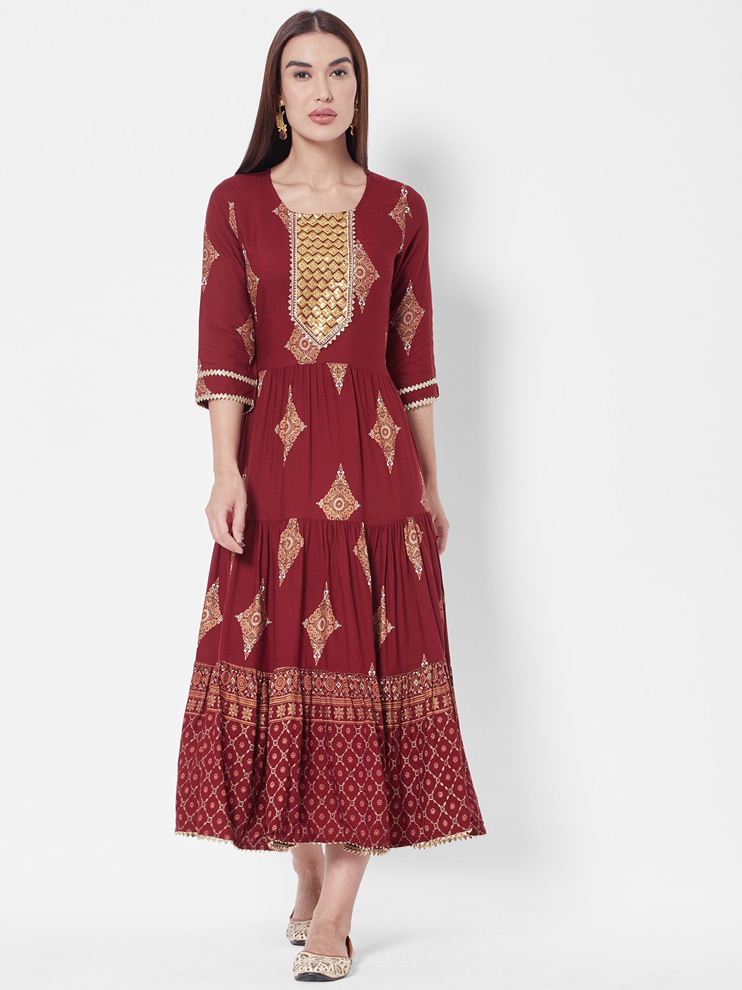 

Vedic Maroon Ethnic Motifs Printed Midi Dress