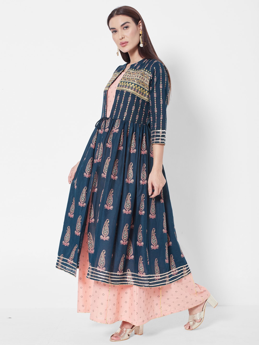 

Vedic Ethnic Motifs Printed Indie Prints Anarkali Cotton Kurta, Green