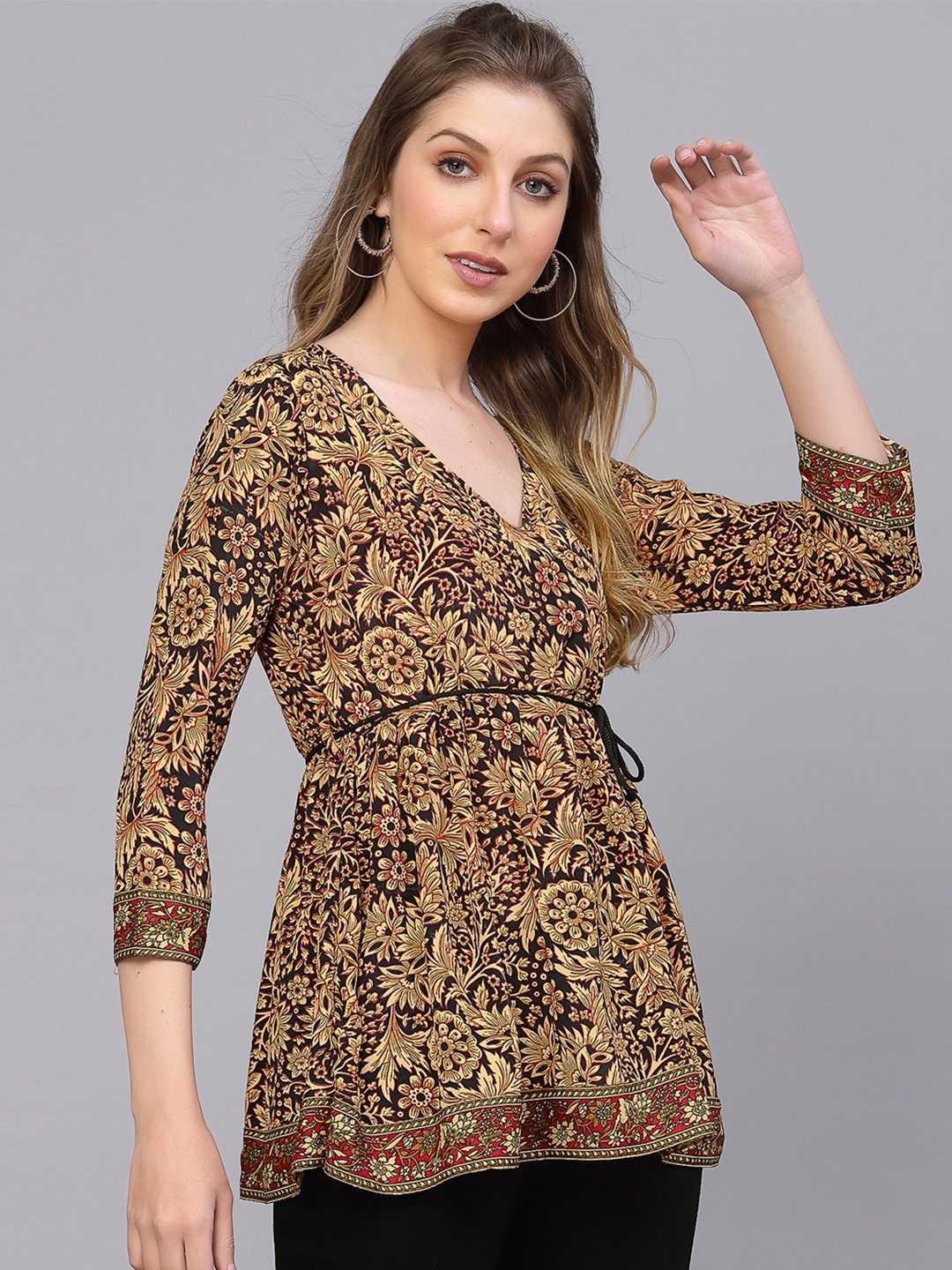 

SKYLEE Brown Geometric Printed V-Neck Kurti