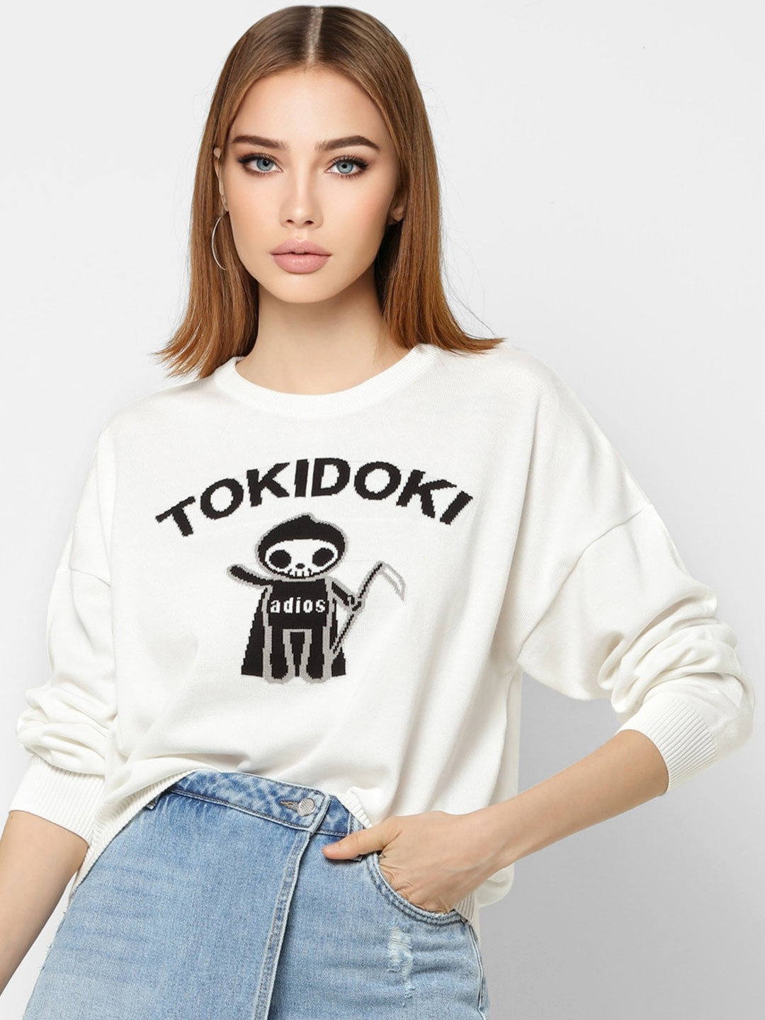 

ONLY Women Typography Printed Cotton Ribbed Pullover, White