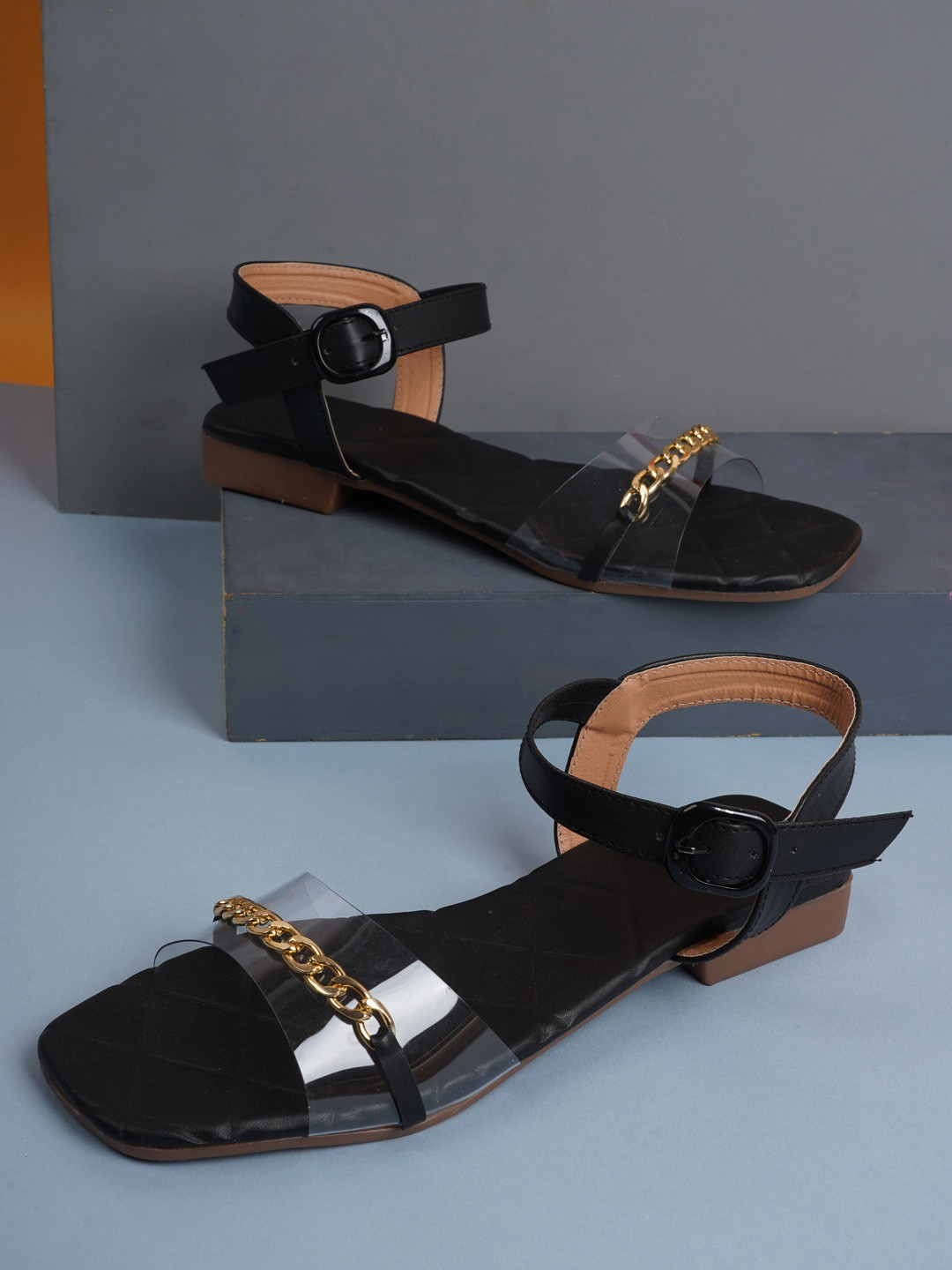 

SAPATOS Embellished Synthetic Open Toe Flats with Buckle, Black