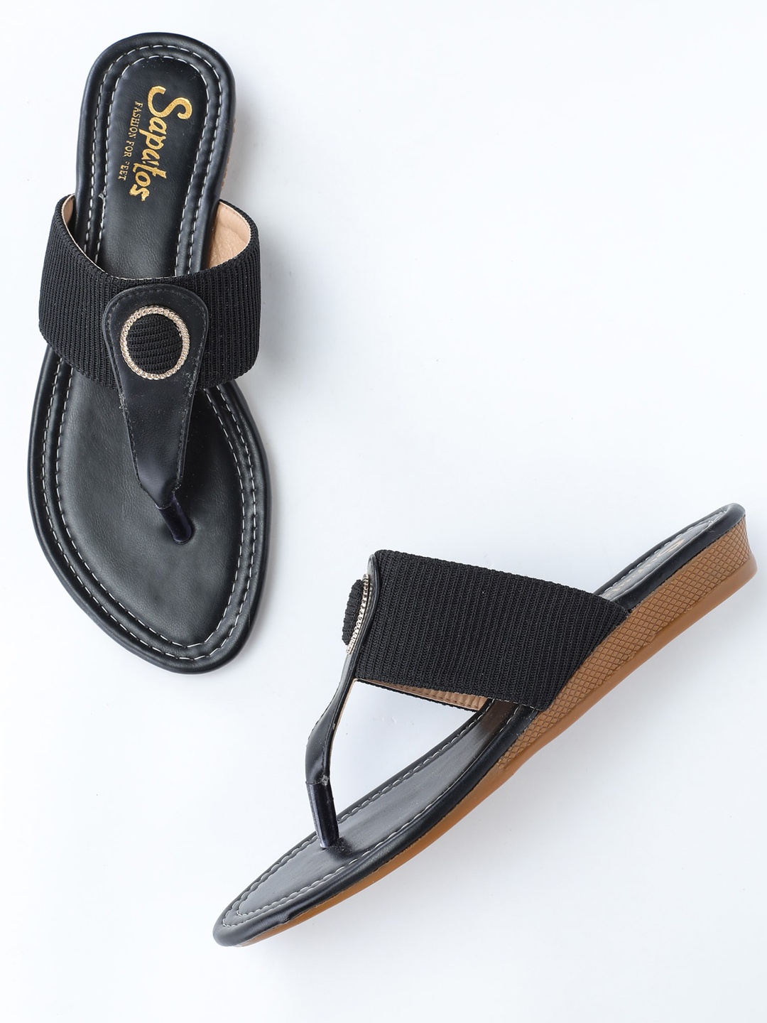 

SAPATOS Women Textured T-Strap Flats, Black
