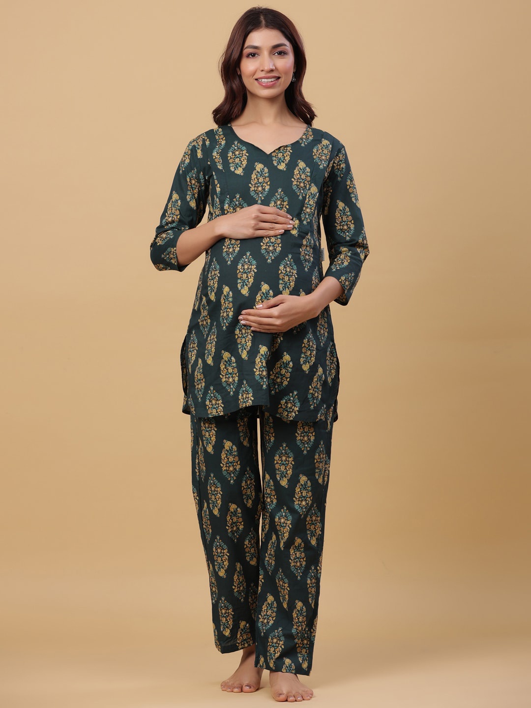 

CRAFIQA Women Ethnic Motifs Printed Pure Cotton Maternity Night Suit, Green