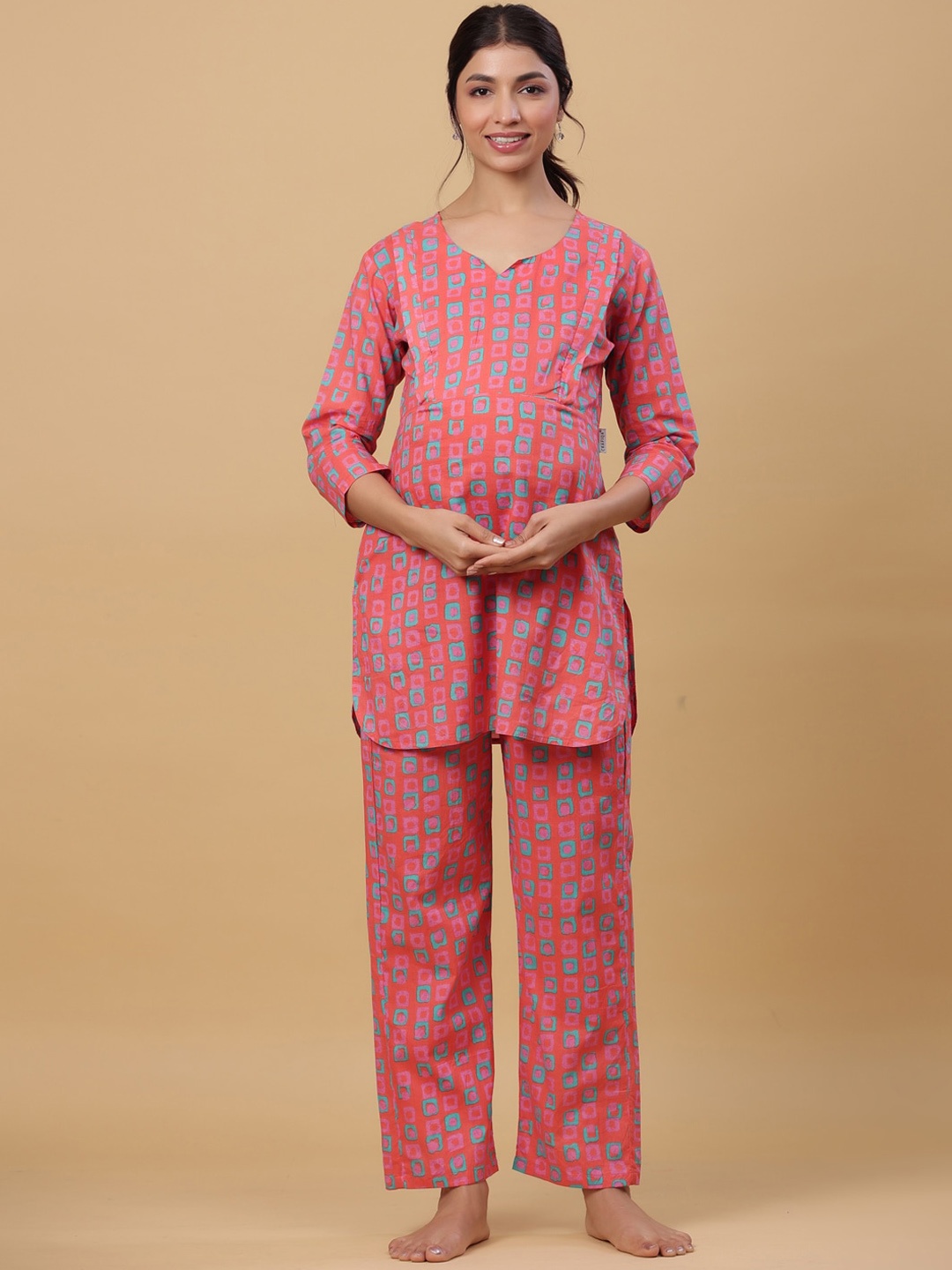 

CRAFIQA Women Geometric Printed Pure Cotton Maternity Night Suit, Pink