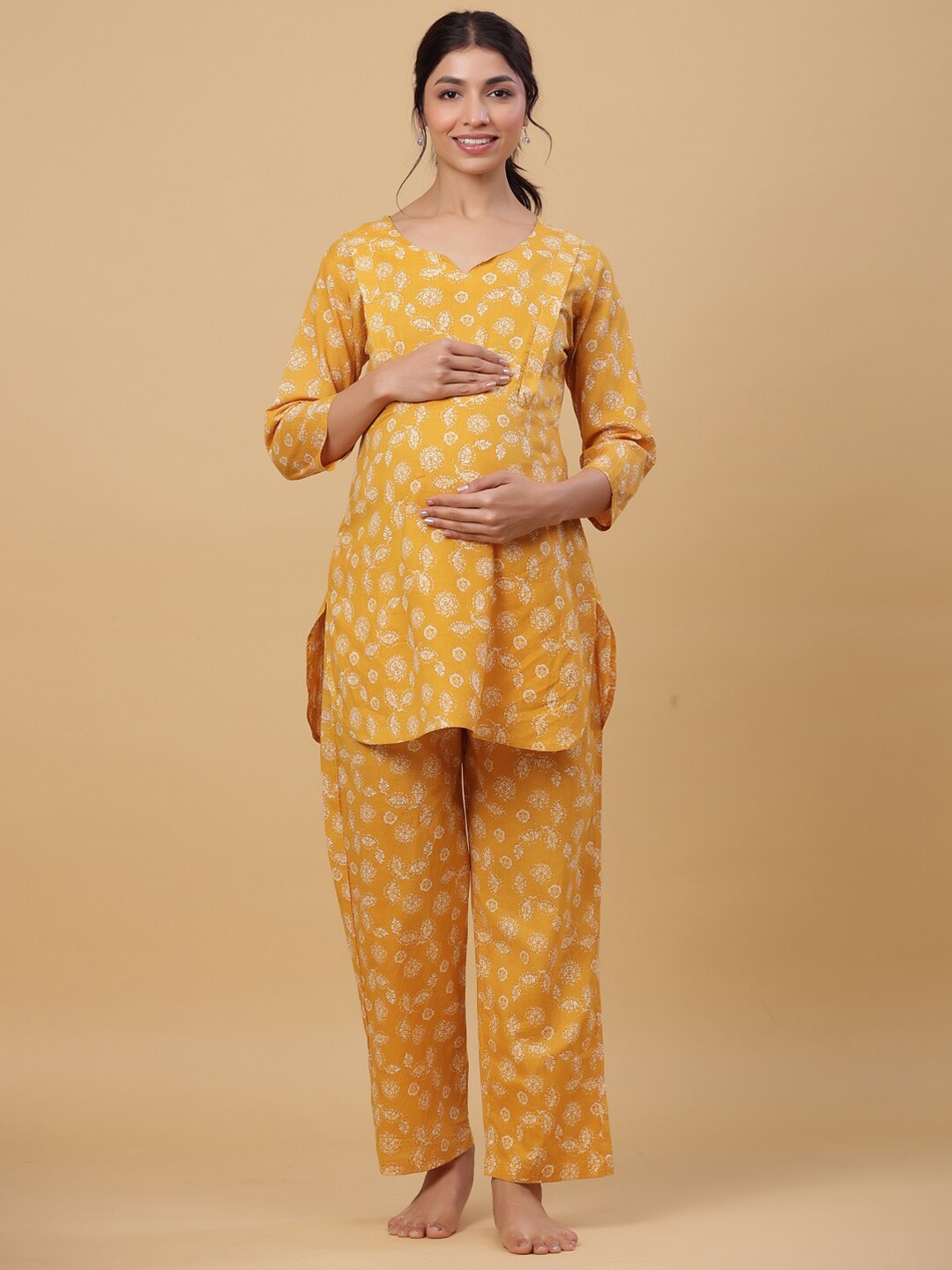 

CRAFIQA Women Floral Printed Pure Cotton Maternity Night Suit, Mustard