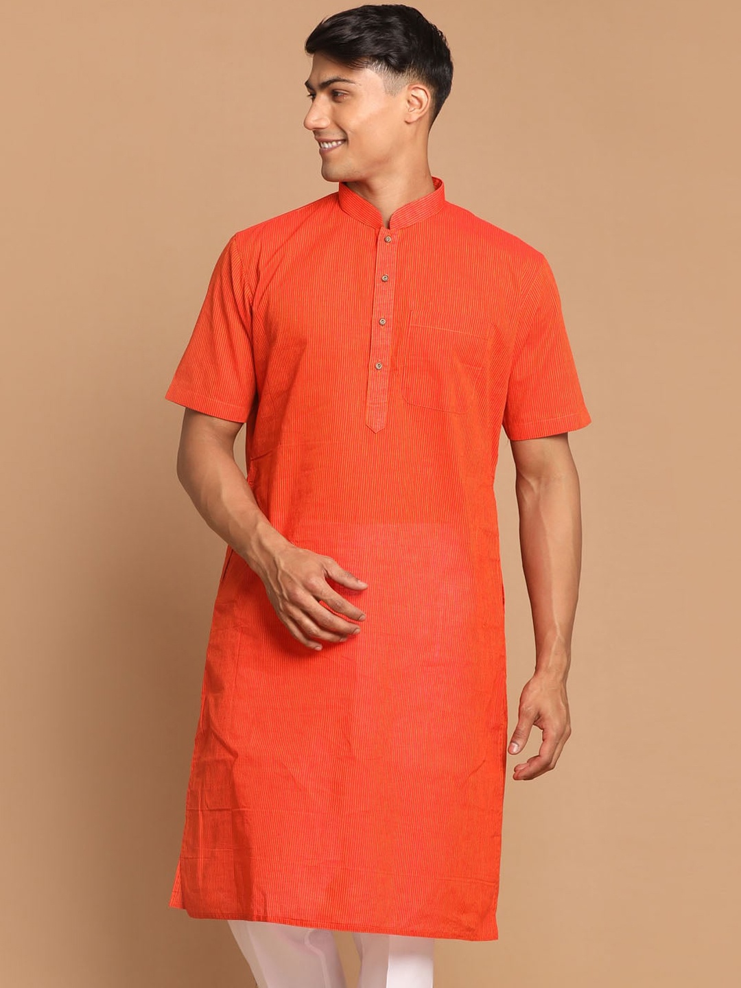 

VASTRAMAY Men Striped Mandarin Collar Pure Cotton Kurta, Orange