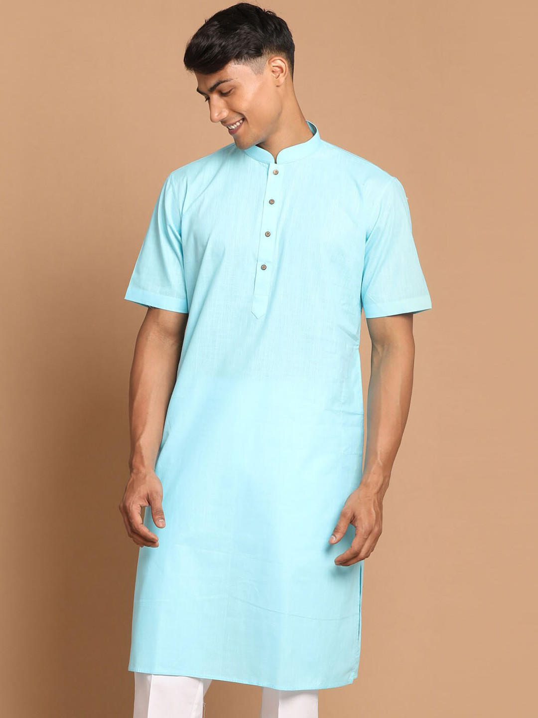 

VASTRAMAY Men Mandarin Collar Cotton Kurta, Blue