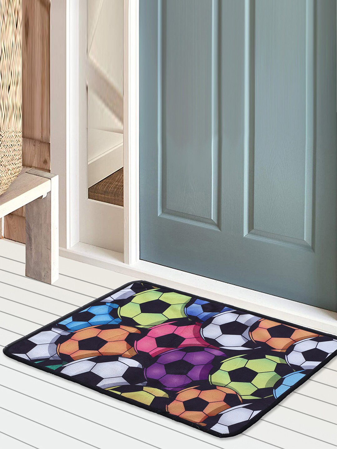 

Kuber Industries Black & Blue 2 Pcs Football Pattern Printed Anti-Skid Doormats