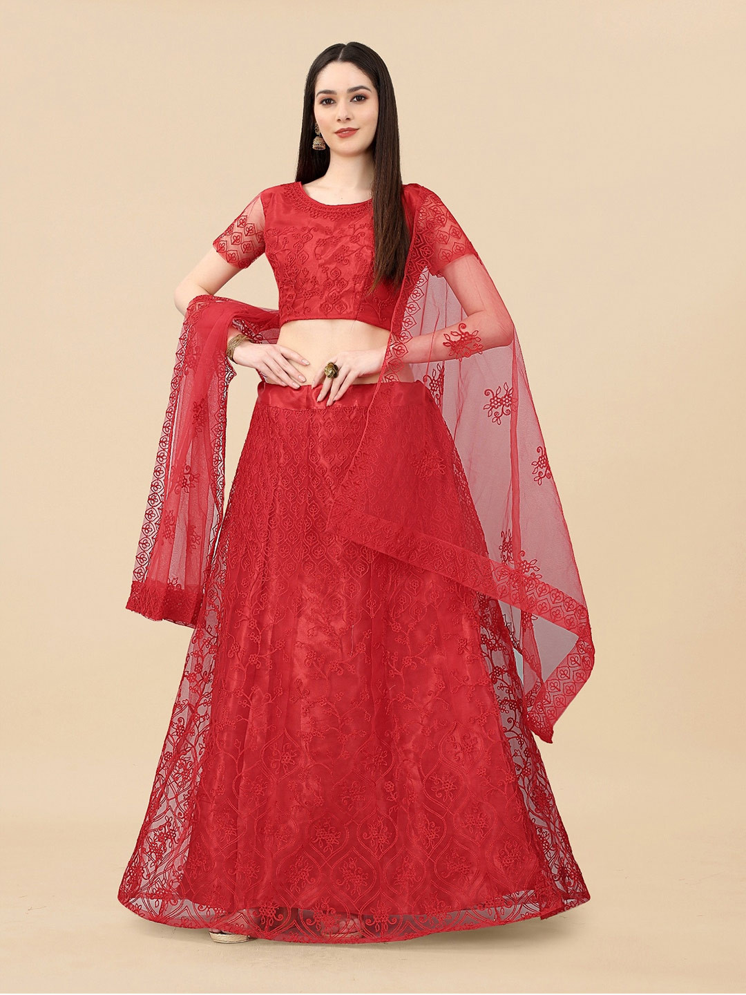 

APNISHA Embroidered Thread Work Semi-Stitched Lehenga & Unstitched Blouse With Dupatta, Red