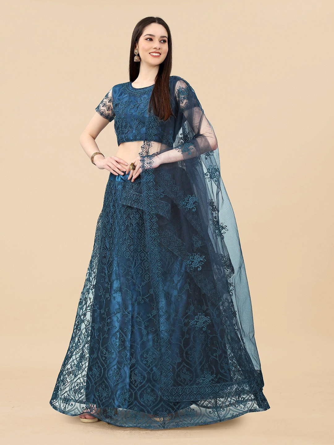 

APNISHA Embroidered Thread Work Semi-Stitched Lehenga & Unstitched Blouse With Dupatta, Blue