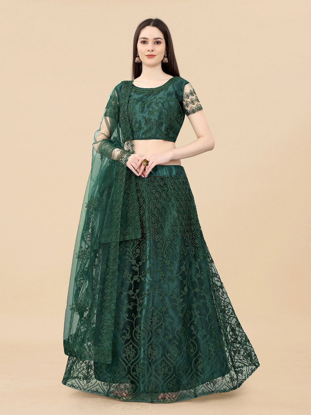 

APNISHA Embroidered Thread Work Semi-Stitched Lehenga & Unstitched Blouse With Dupatta, Green