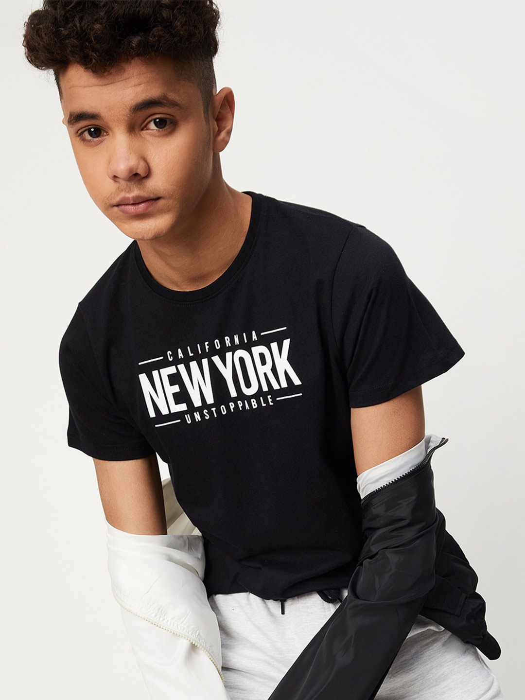 

max Boys Typography Printed Cotton T-shirt, Black