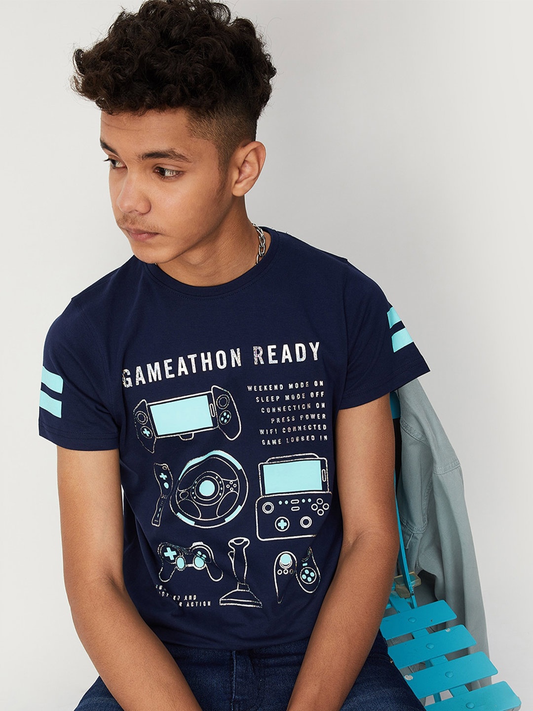 

max Boys Typography Printed Cotton T-shirt, Navy blue