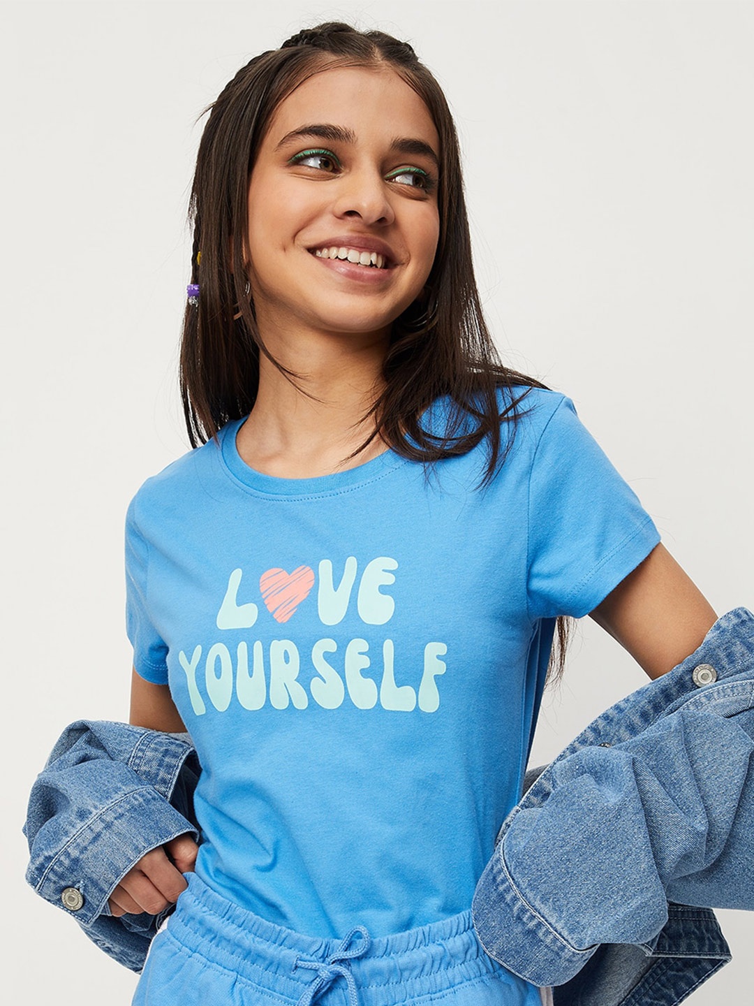 

max Girls Typography Printed Round Neck Pure Cotton T-shirt, Blue