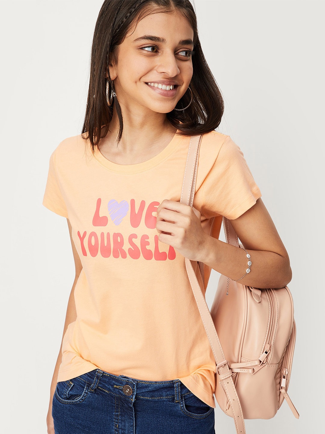 max Girls Typography Printed Pure Cotton T-shirt, Orange