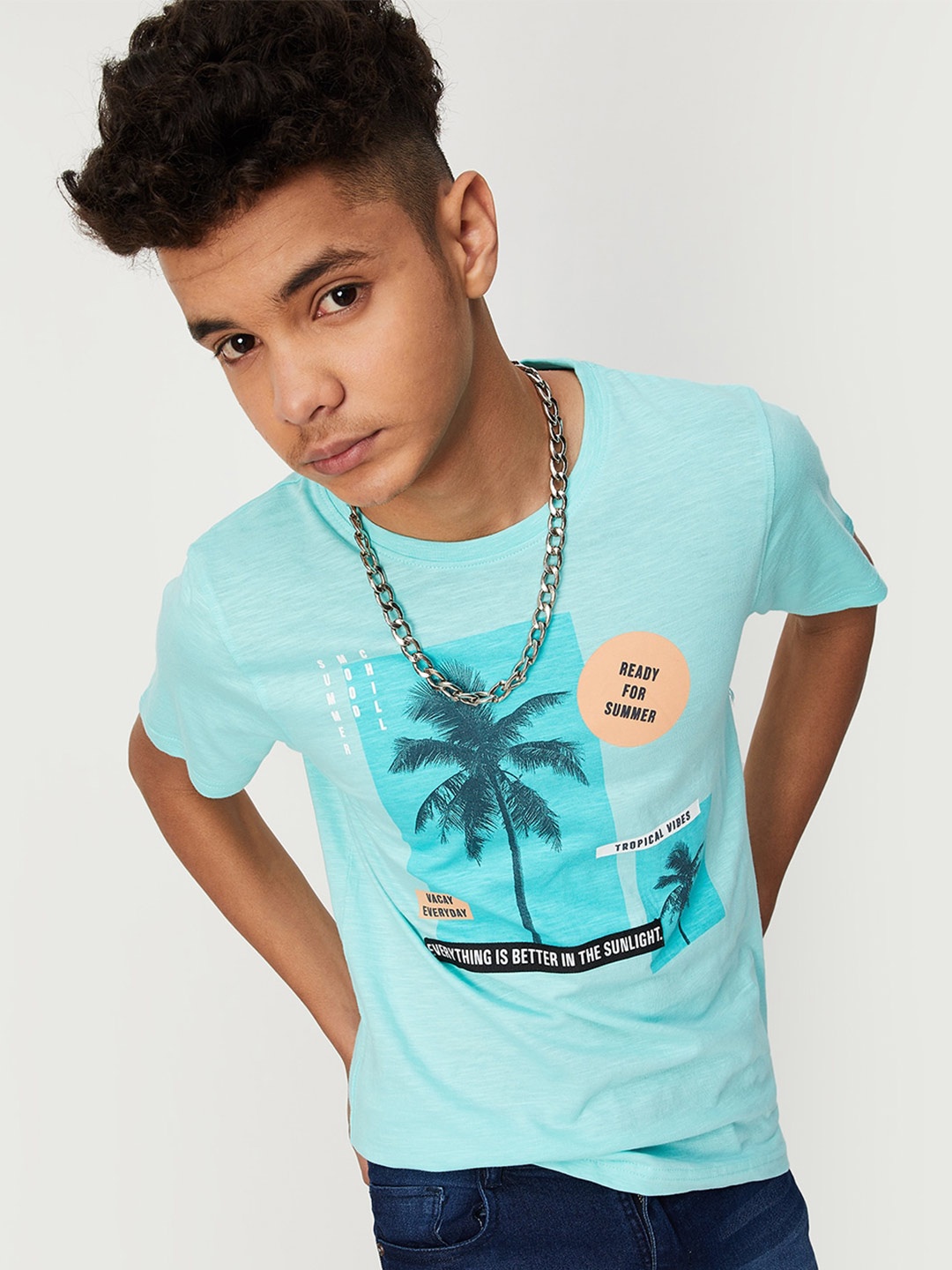 

max Boys Tropical Printed Pure Cotton T-shirt, Turquoise blue