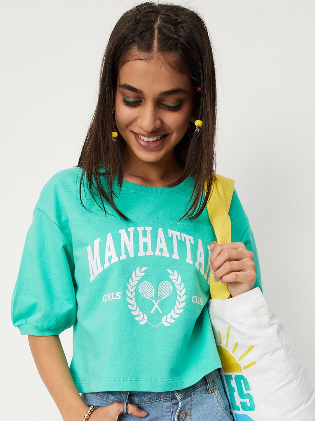 

max Girls Typography Printed Drop-Shoulder Sleeves Cotton T-shirt, Green